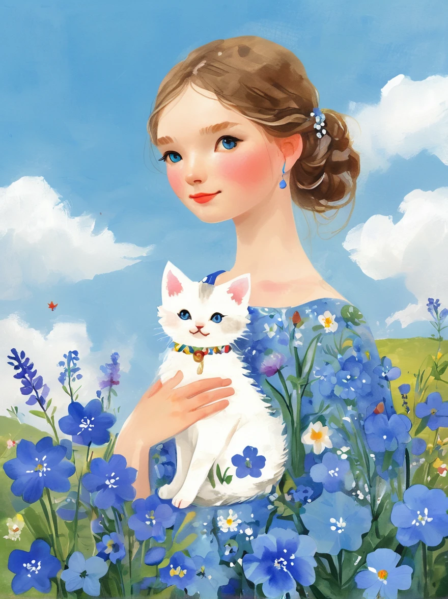 (Beautiful young girl wearing a beautiful dress made of blue flowers:1.5)，(Holding a cute kitten:1.5)，Beautiful landscape background，White Cloud，fantasy-realism，Fascinating，HDR，Highly detailed photorealistic digital art