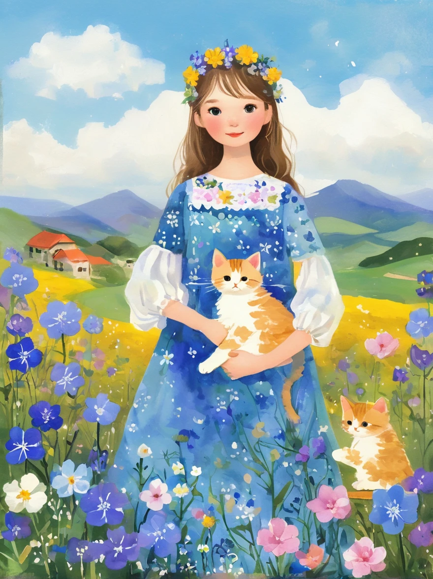 (Beautiful young girl wearing a beautiful dress made of blue flowers:1.5)，(Holding a cute kitten:1.5)，Beautiful landscape background，White Cloud，fantasy-realism，Fascinating，HDR，Highly detailed photorealistic digital art