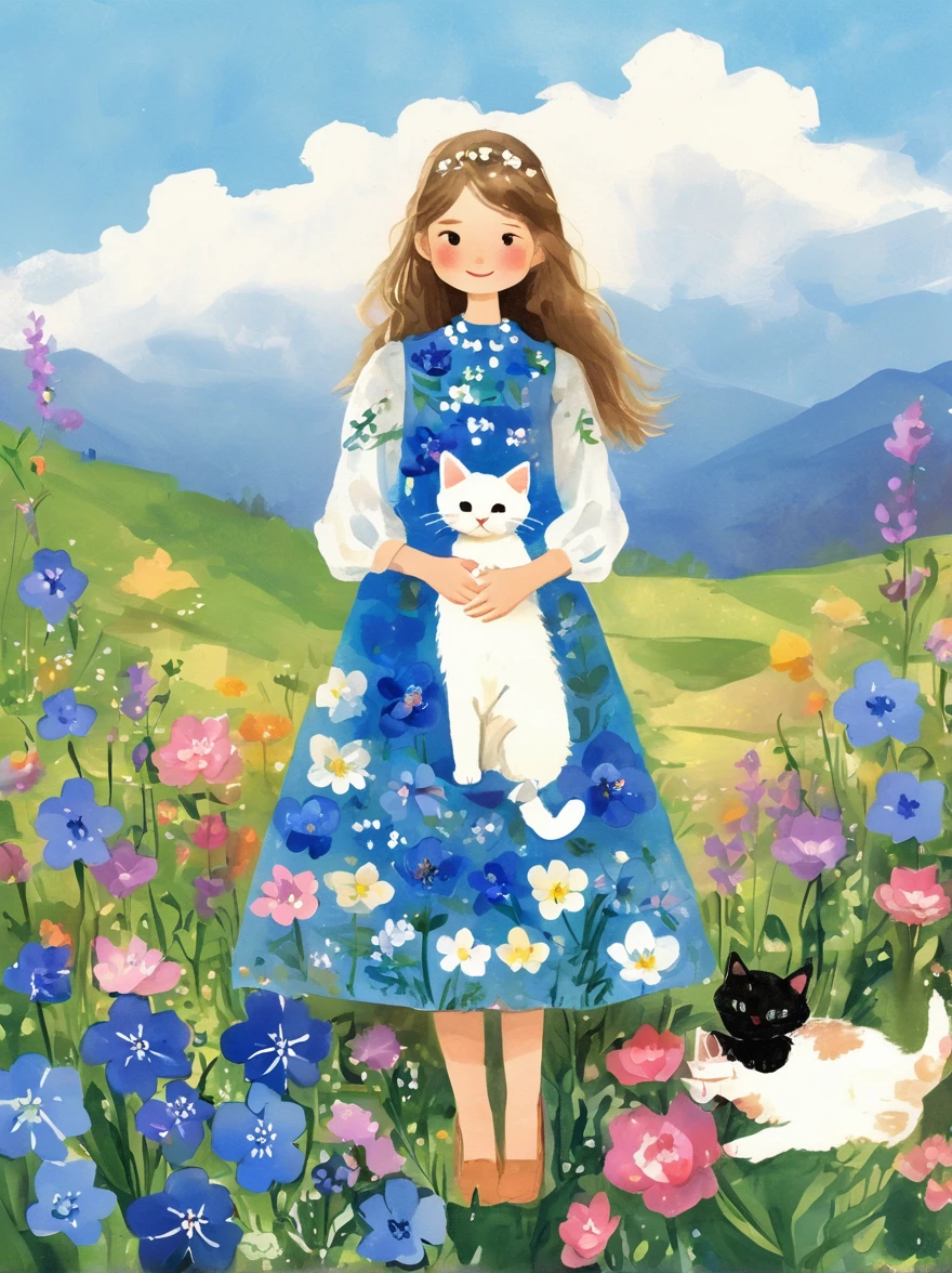 (Beautiful young girl wearing a beautiful dress made of blue flowers:1.5)，(Holding a cute kitten:1.5)，Beautiful landscape background，White Cloud，fantasy-realism，Fascinating，HDR，Highly detailed photorealistic digital art