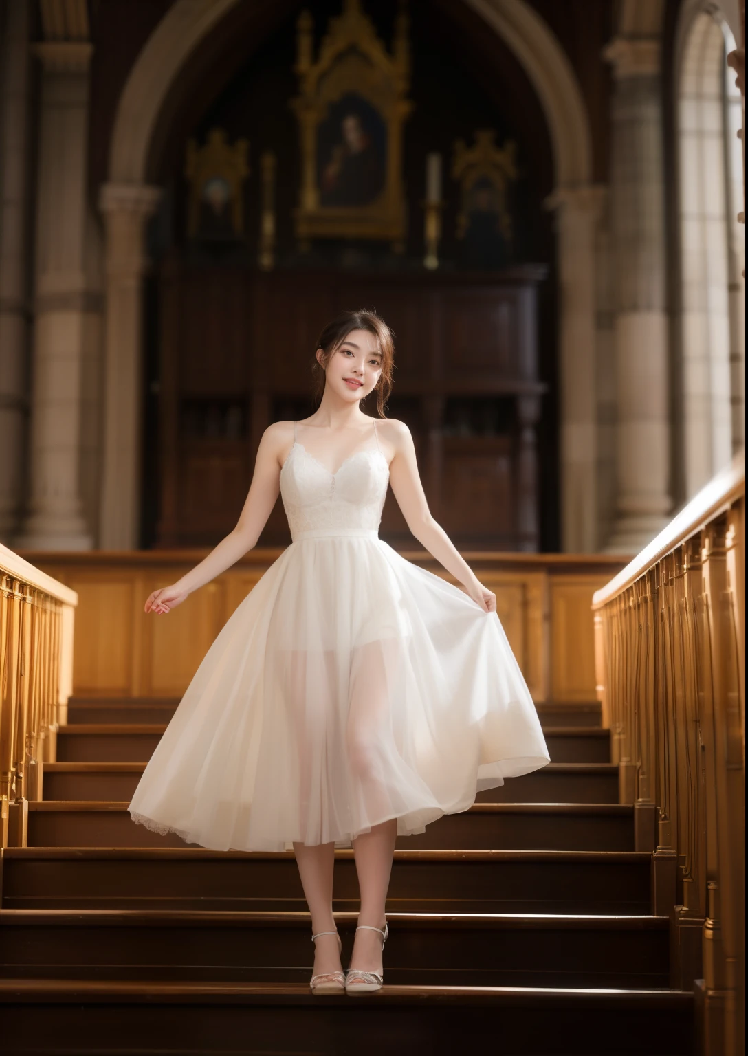 Beautiful 25 year old skinny woman。Her legs length are very very long and beautiful .She is wearing a wedding dress. She is dancing in the church and smiling on illuminated by the evening church lights on the romantic sunset time. her dark brown hair. High resolution、masterpiece、highest quality、頭w:1.0、((Hasselblad Photos))、fine skin、(movie lighting)、clavicle . full body picture.