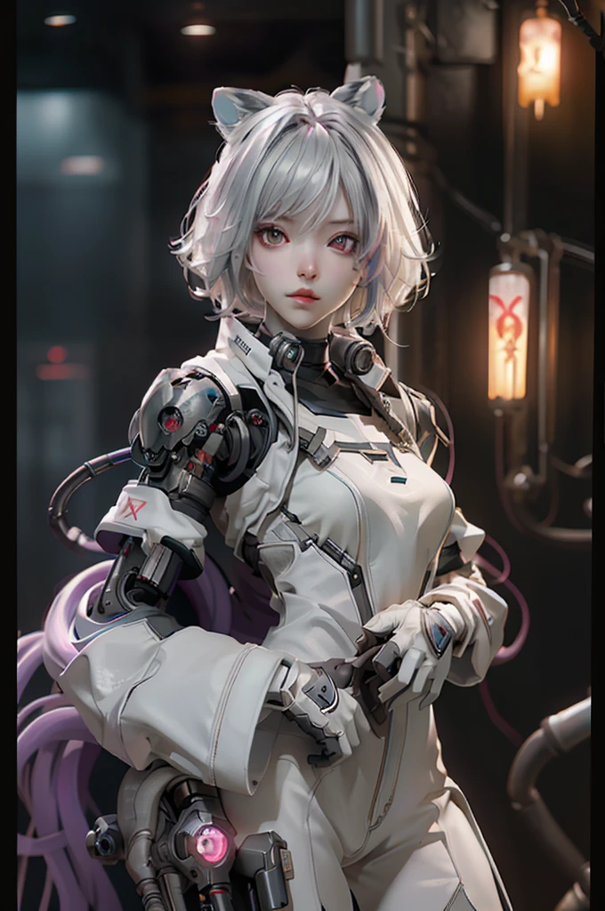 (Theme colorpurple)、((best qualtiy)),Cyborg style cyborg girl,silver hair ,Short hairstyles,Wear headphones in the shape of cat ears and a gas mask,There is a green light on the surface of the gas mask,Dressed in a white suit,The clothes have a long purple strip of light,red eyes,(black glove),The left hand is a mechanical prosthesis,The body is connected by wires and pipes, ((tmasterpiece)), (detaileds:1.4), 。.。.。.。.3D, A beautiful cyberpunk female image,nffsw(HighDynamicRange),Ray traching,NVIDIA RTX,Hyper-Resolution,Unreal 5,Subsurface scattering、PBR Texture、post processed、Anisotropy Filtering、depth of fieldaximum definition and sharpnesulti-layer texture、Albedo e mapas Speculares、Surface Coloring、Accurate simulation of light-material interactions、perfectly proportions、Octane Render、Cyberpunk City Night、multi-colored neon lights、Large aperture、Low ISO、White Balance、The Rule of Thirds、8K Raw、