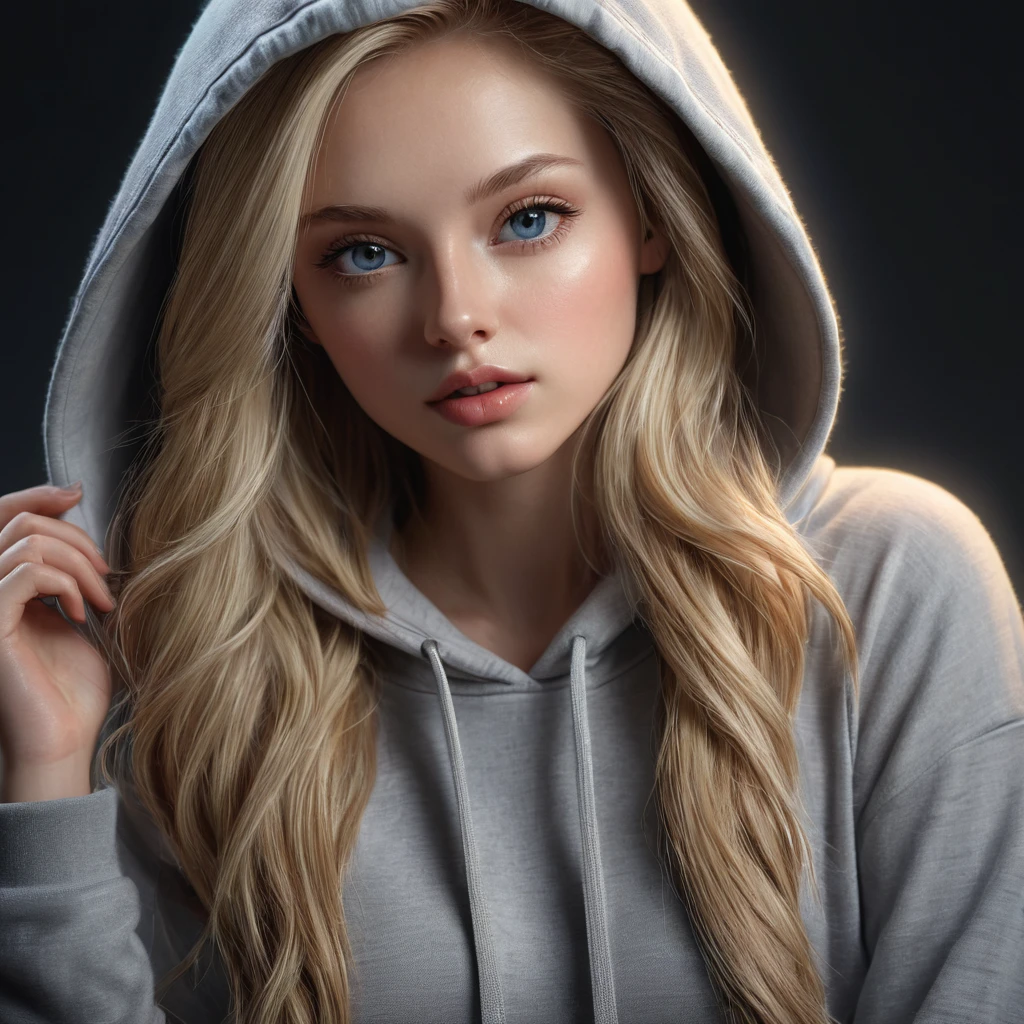 1girl, long blonde hair, perfect eyes, perfect face, perfect body, large breasts, wearing a hoodie and short shorts, (best quality,4k,8k,highres,masterpiece:1.2),ultra-detailed,(realistic,photorealistic,photo-realistic:1.37),detailed face and eyes,extremely detailed face,beautiful detailed lips,detailed hands,flawless skin,volumetric lighting,dramatic lighting,cinematic lighting,chiaroscuro lighting,intricate detail,ultra-fine details,hyper-realistic,highly detailed,photorealistic portrait,stunning beauty,gorgeous,elegant,sensual,fashionable,alluring,dreamlike atmospher 18 years