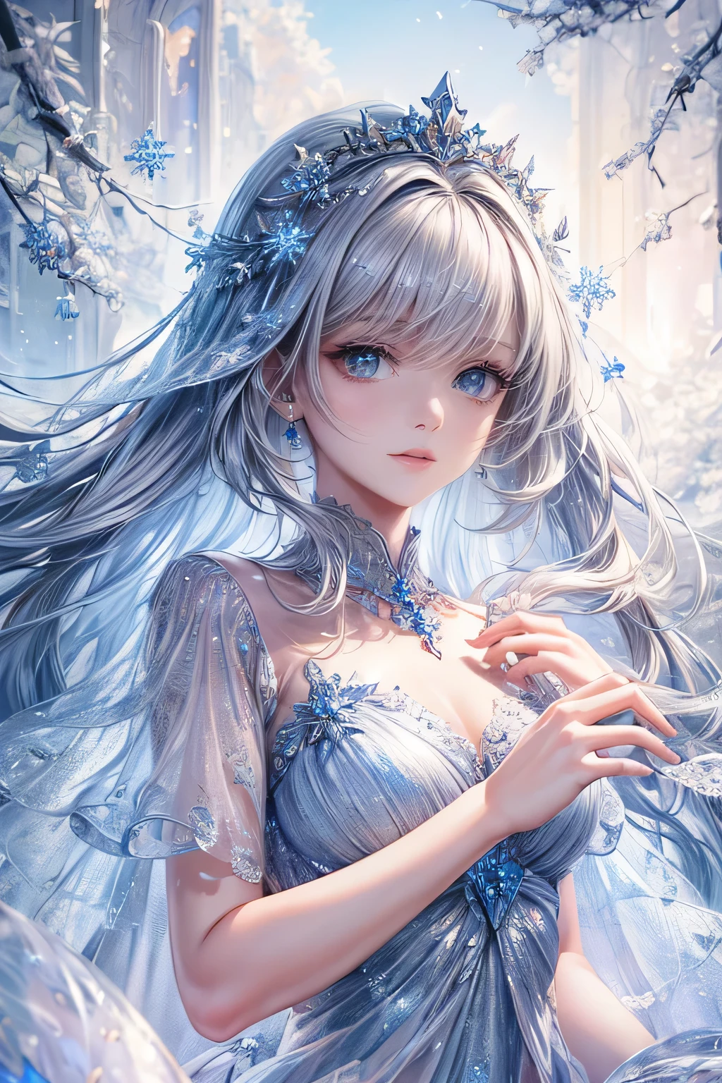 (best quality:1.4), (masterpiece:1.4), ultra-high resolution, 8K, CG, exquisite, upper body, solitude, Thumbelina, little princess, blue taffeta court dress, snowflake background, detailed facial features, silver-gray hair, almond-shaped eyes, intricate eye makeup, long lashes, gray eyes with a starry gaze, intricate lip details, soft and harmonious style.