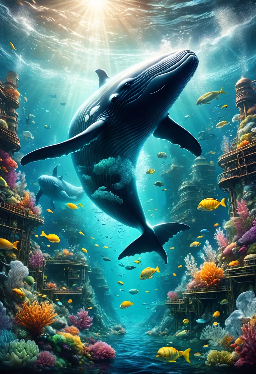 In a polluted Arctic sea, a whale swims with its enormous tail rising high above the water's surface. On the whale's back, there is an incredulous sight - a waste-processing plant producing more garbage. The scene captures the unbelievable depth of ocean pollution. Underwater, the view reveals a fantastical seascape filled with pollution. This highly detailed illustration combines realistic fantasy elements and magical realism, showcasing the underwater world with 3D rendering and matte painting techniques. The high-quality fantasy stock photo is a wide-angle fantasy artwork featuring underwater scenery, exceptionally clear and meticulously detailed with cinematic lighting effects. The overall style is designed to awaken the viewer's awareness of environmental conservation, with a vertical orientation and a 3:4 aspect ratio.,level,masterpiece,最高masterpiece,best quality,Rendering,Rich colors,rich and colorfulな呪文を唱える,Like a dream,details,detailed,,Vibrant colors,beautiful光と影,magic,Like a dream,inspiration,beautiful,Rendering,rich and colorful,wonderful,Light Particles,familiar,masterpiece,最高masterpiece,Artwork using light,artistic,familiar,Tyndall effect