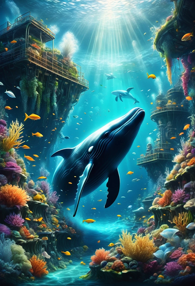 In a polluted Arctic sea, a whale swims with its enormous tail rising high above the water's surface. On the whale's back, there is an incredulous sight - a waste-processing plant producing more garbage. The scene captures the unbelievable depth of ocean pollution. Underwater, the view reveals a fantastical seascape filled with pollution. This highly detailed illustration combines realistic fantasy elements and magical realism, showcasing the underwater world with 3D rendering and matte painting techniques. The high-quality fantasy stock photo is a wide-angle fantasy artwork featuring underwater scenery, exceptionally clear and meticulously detailed with cinematic lighting effects. The overall style is designed to awaken the viewer's awareness of environmental conservation, with a vertical orientation and a 3:4 aspect ratio.,level,masterpiece,最高masterpiece,best quality,Rendering,Rich colors,rich and colorfulな呪文を唱える,Like a dream,details,detailed,,Vibrant colors,beautiful光と影,magic,Like a dream,inspiration,beautiful,Rendering,rich and colorful,wonderful,Light Particles,familiar,masterpiece,最高masterpiece,Artwork using light,artistic,familiar,Tyndall effect