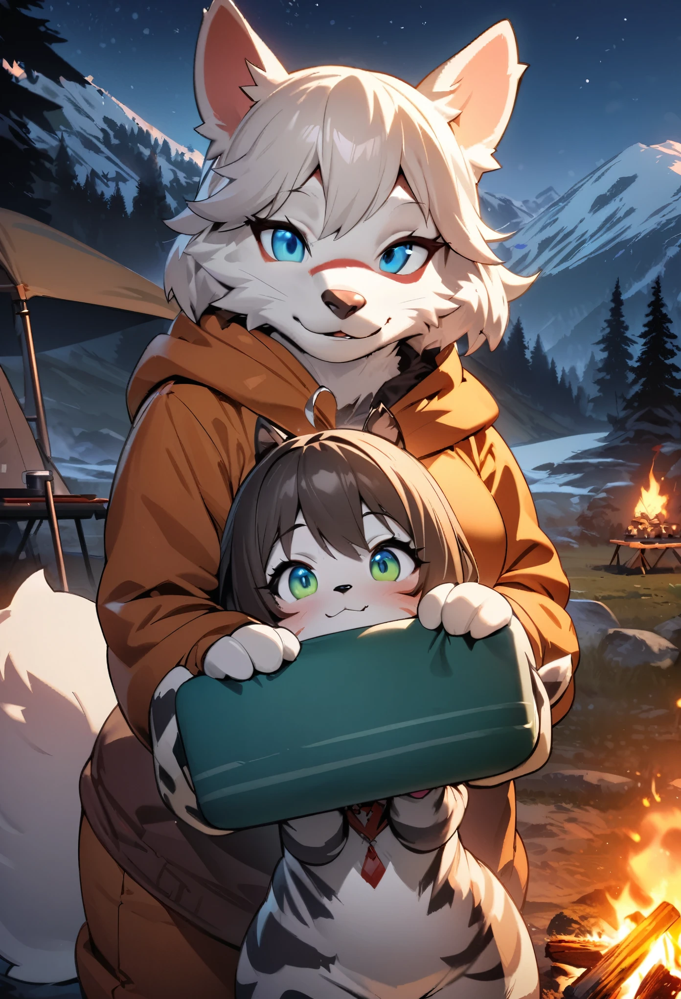 top quality, best quality, High-quality illustrations, masterpiece, super high resolution, detailed background, detailed background, Campsite in the mountains, group shot, 1boy, 1girl, camp-fire, night sky, absurdres(highly detailed beautiful face and eyes)perfect anatomy(Photo of family trip)(kemono, furry anthro)selfie,