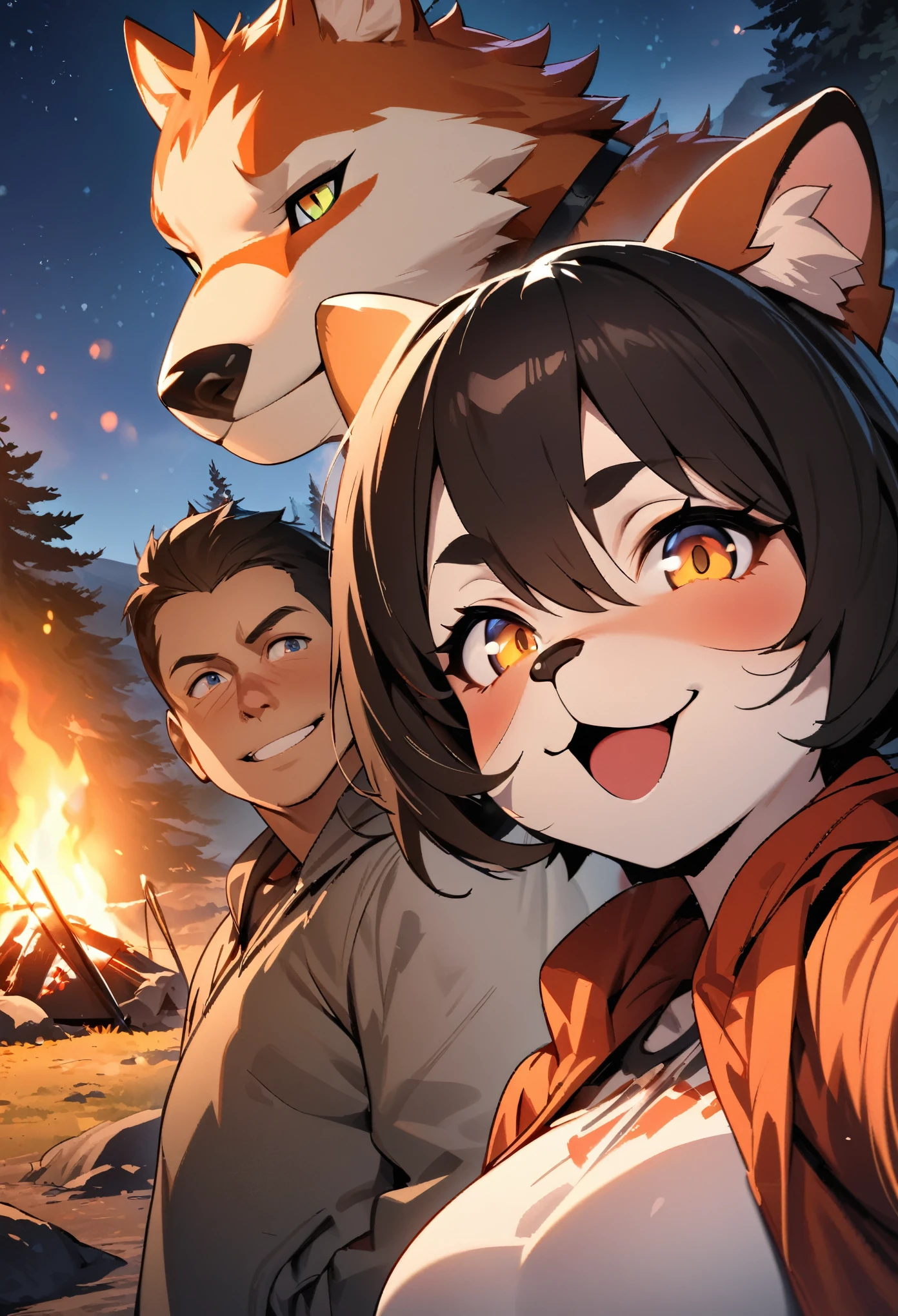 top quality, best quality, High-quality illustrations, masterpiece, super high resolution, detailed background, detailed background, Campsite in the mountains, group shot, 1boy, 1girl, camp-fire, night sky, absurdres(highly detailed beautiful face and eyes)perfect anatomy(Photo of family trip)(kemono, furry anthro)selfie,