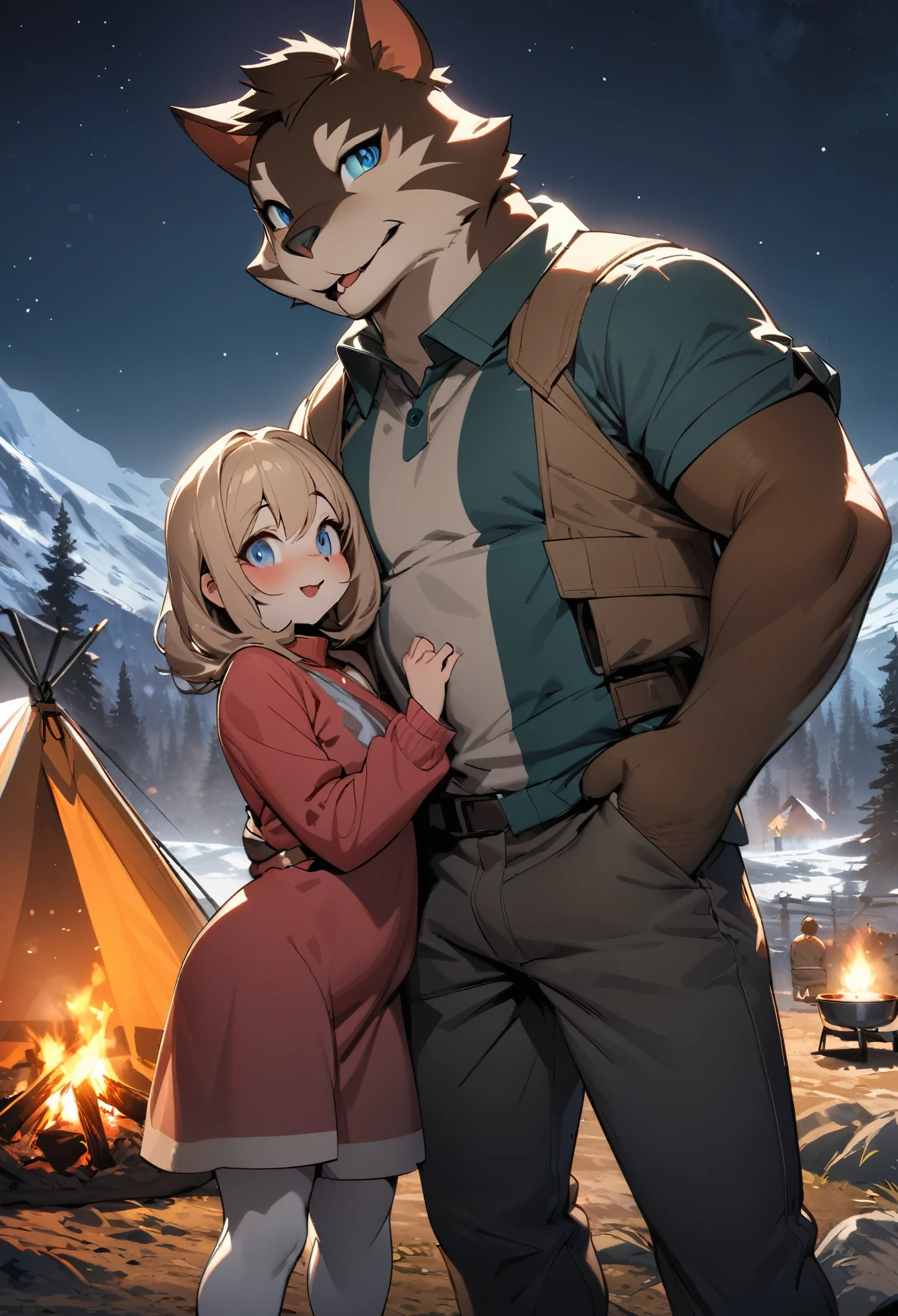 top quality, best quality, High-quality illustrations, masterpiece, super high resolution, detailed background, detailed background, Campsite in the mountains, group shot, 1boy, 1girl, camp-fire, night sky, absurdres(highly detailed beautiful face and eyes)perfect anatomy(Photo of family trip)(kemono, furry anthro)selfie,