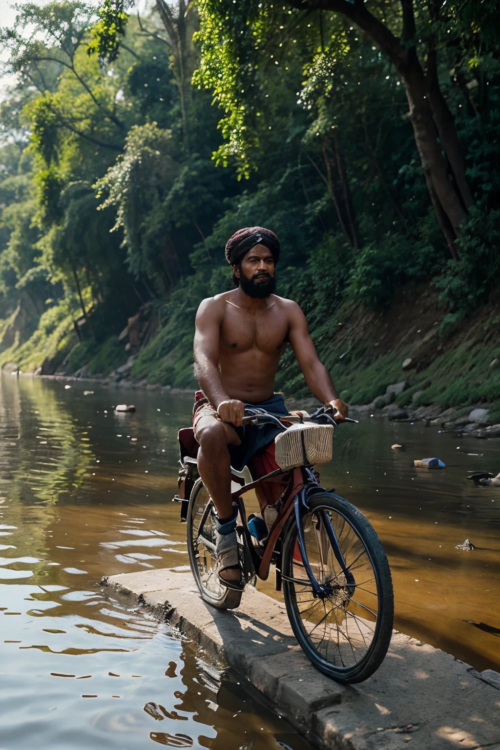 Indian Village man riding bicycle with god Mahadeva sitting on the carrier of bicycle on the river bank of Holy Ganges