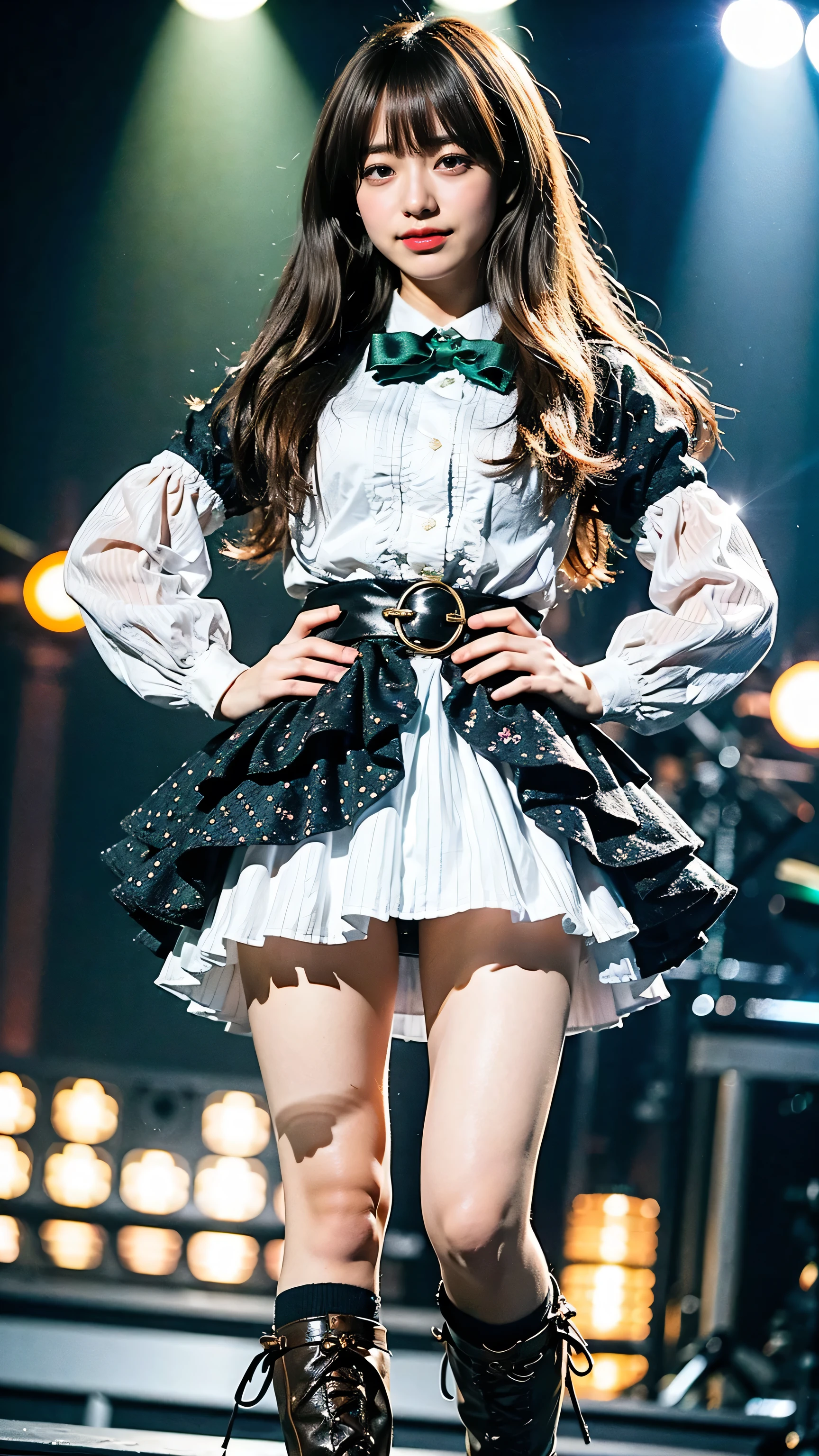 (8k、RAW Photos、highest quality、masterpiece:1.2)、(Realistic、Realistic)、1 girl、((Green and light blue mini skirt、Frills、ribbon、See-through、stage、Spotlight、Straight Hair、garter belt、View from the front、boots、Standing with hands on hips))、