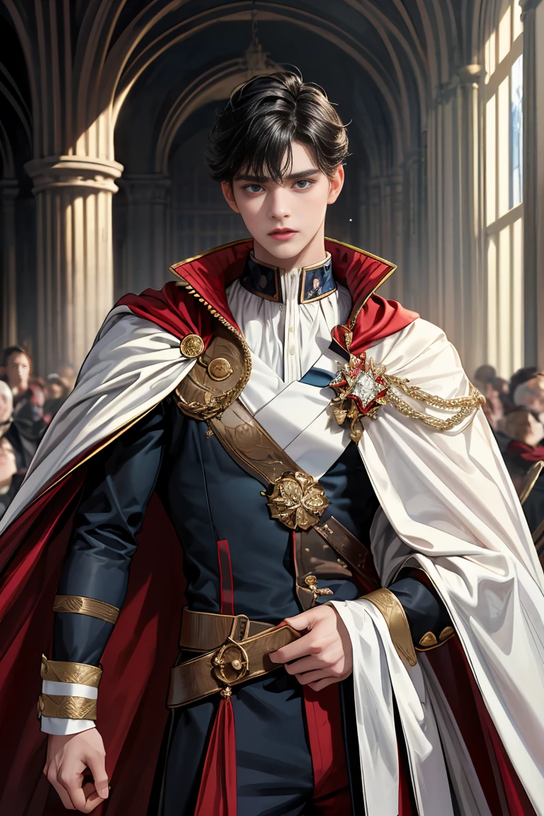 masterpiece, 最high quality, high quality, 1 boy, alone, Male focus, Watching the audience, Messy black hair, Adorable big blue eyes, White, Noble, Noble, Sexy Bomber Cape、A very voluminous, large, very large, very large, long, long red and black cape with a high stand-up collar, made of a lot of fabric that reaches down to the floor., 17 years old,Cute beautiful boys,Cute, cute, kind, handsome guy
