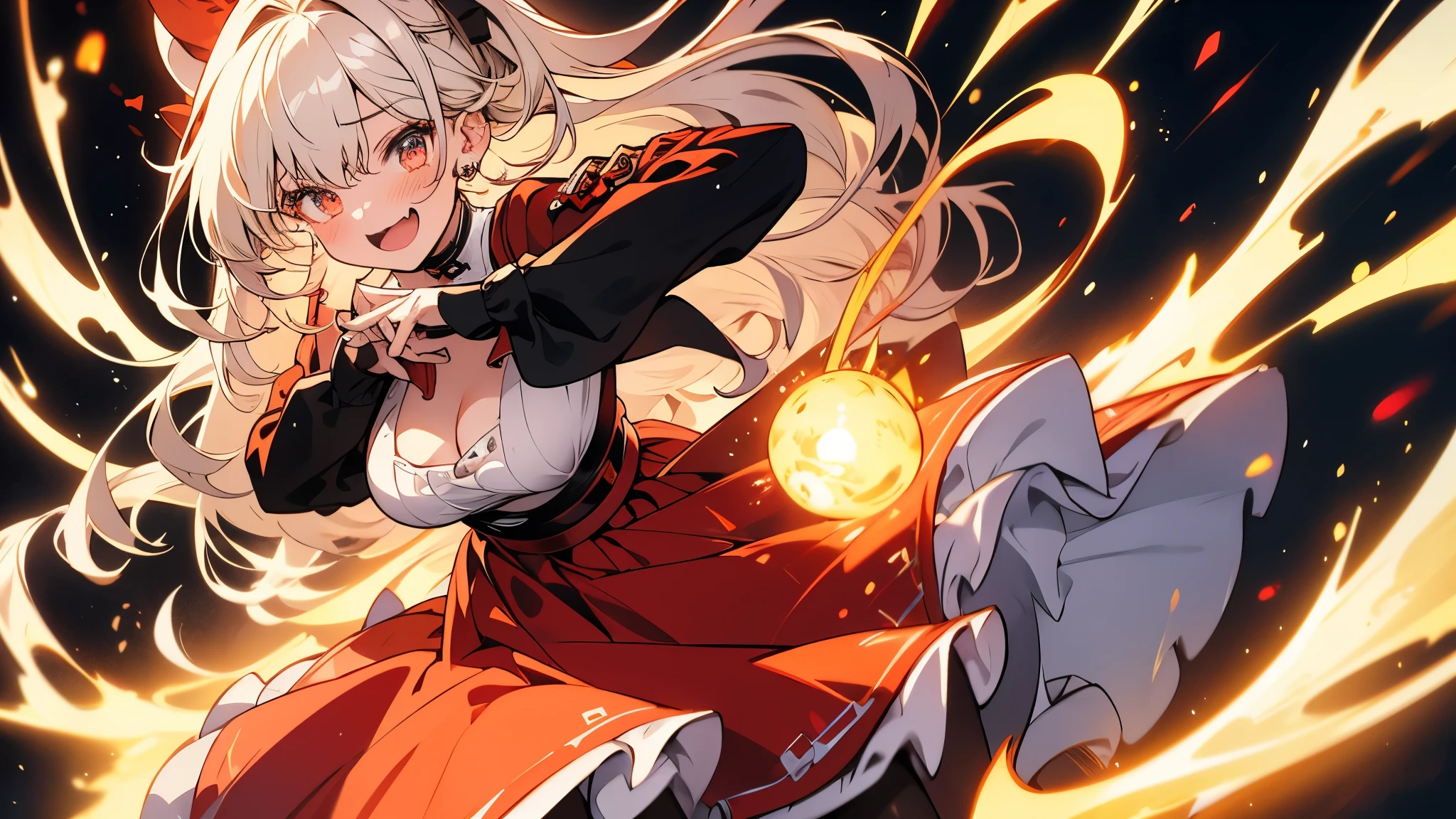 One girl, Masterpiece, highest quality, high quality, Olga_Marie, white_hair, orange_eye, LONG hair, fur between her eyes, Long sleeve Jacket, Red Ascot dress with a skirt, pantyhose, and her hair falling down to her waist in a Cowboy Shot. This scene, meticulously crafted, is captured in a high resolution, high dynamic range image under spotlights, showcasing hyper-detailed finesse. The girl wears a white shirt beneath, with her blushed cheeks and embarrassing expression accentuating her beautiful, enhanced cleavage. Her legs, long and lean, are spread slightly, sharp focus capturing
