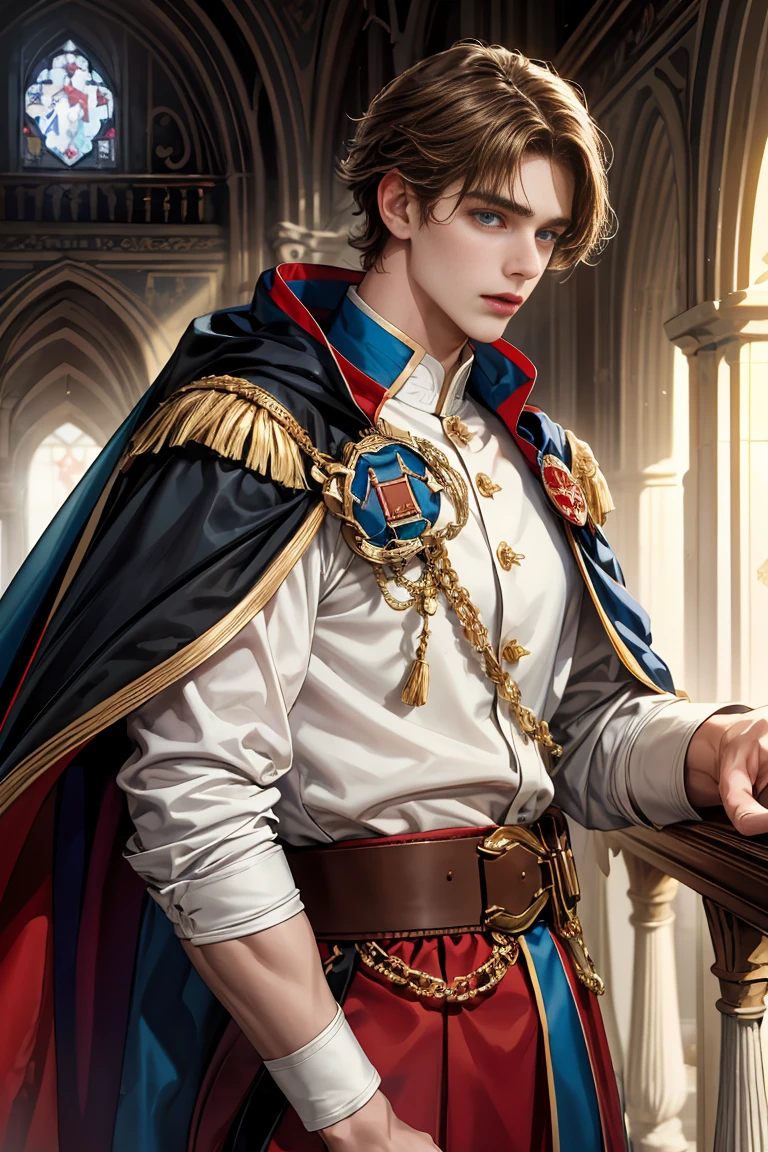 
masterpiece, 最high quality, high quality, 1 boy, alone, Male focus, Watching the audience,  Messy brown hair, Adorable big blue eyes, White, Noble, Noble, Beautiful Bomber Cape、A very voluminous, large, very large, very large, long, long red and black cape with a high stand-up collar, made of a lot of fabric that reaches down to the floor., 17 years old,Cute beautiful boys,Cute, cute, kind, handsome guy