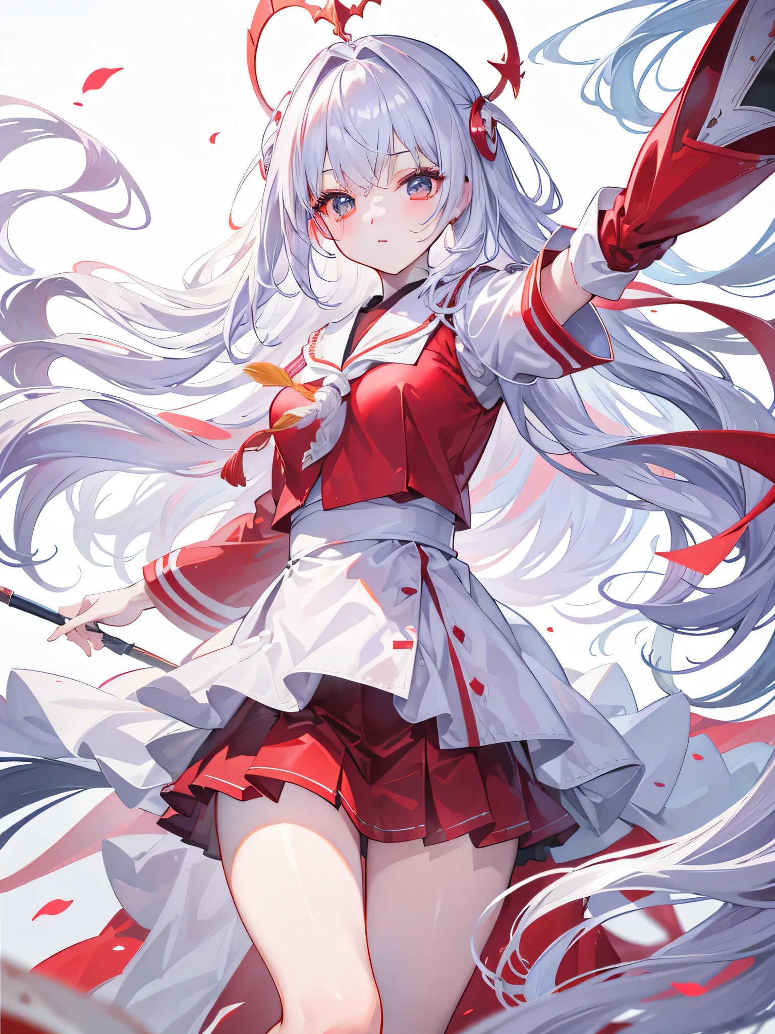 （CG Unity 8K wallpaper with the best picture quality and ultra-detail、tmasterpiece），Floating、A high resolution、dynamic angle、Dynamic pose、A young girl、Silvery hair（1.3）、red color eyeorbidly cute、Japanese Student Uniform