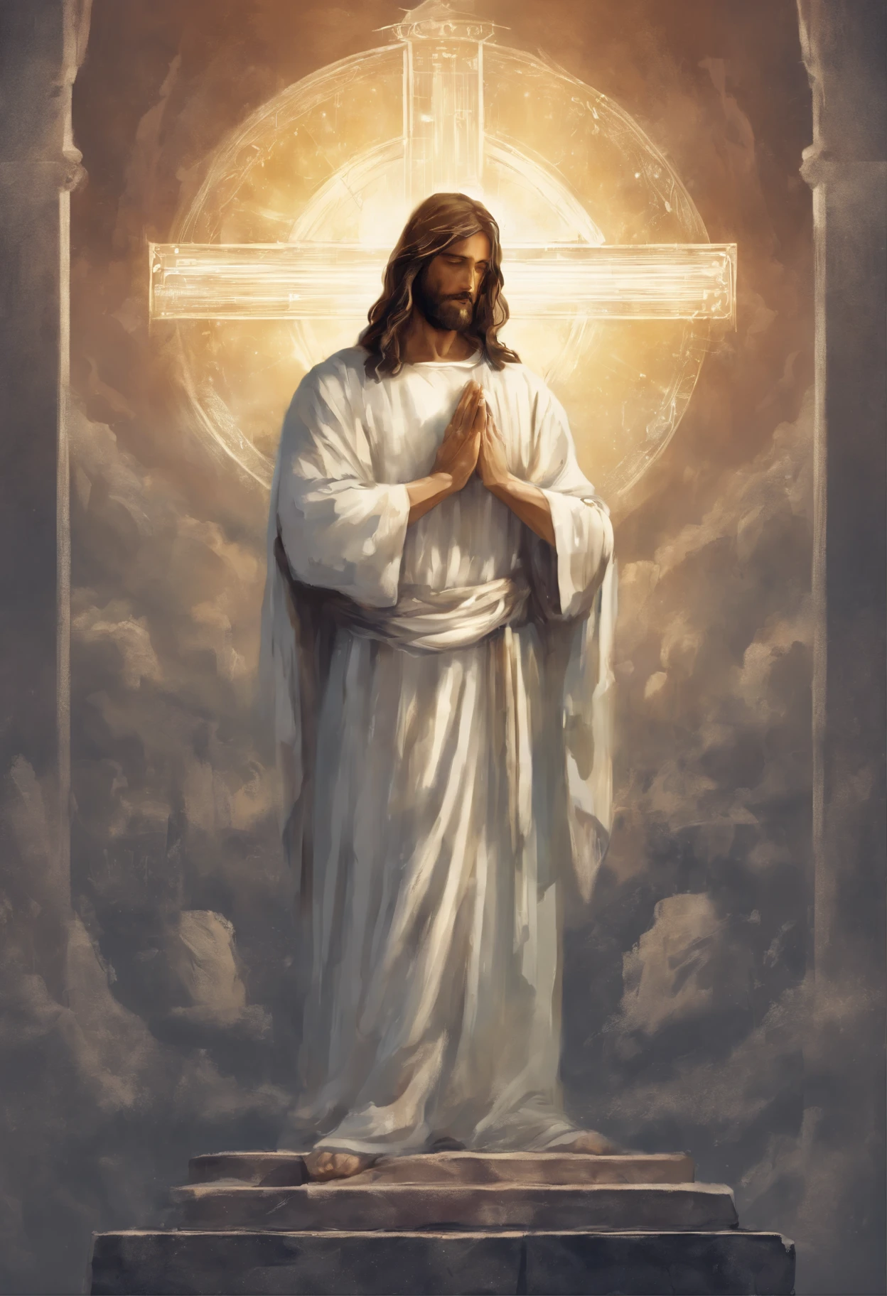 "Generate an image of Jesus in your profile, Capture in moments of deep prayer, Gently clasp your hands together,big cross."