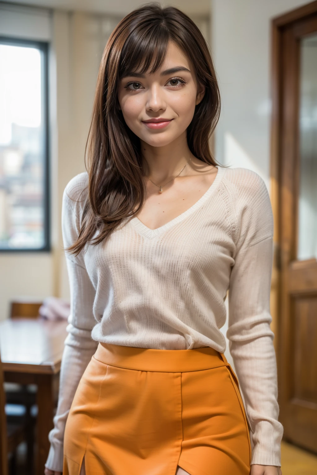 Realistic, Realistic, Tabletop, highest quality, RAW Photos, Face Focus, elegant, (One Woman), 28 years old, big, Loose-fitting white V-neck see-through knit sweater, (Orange tight skirt), (Brown Hair), (bangs), (Straight hair), (Looking into the camera), Beautiful Face, (A fearless smile), (Shapely bust), Perfect Anatomy, Perfect balance, Detailed human body