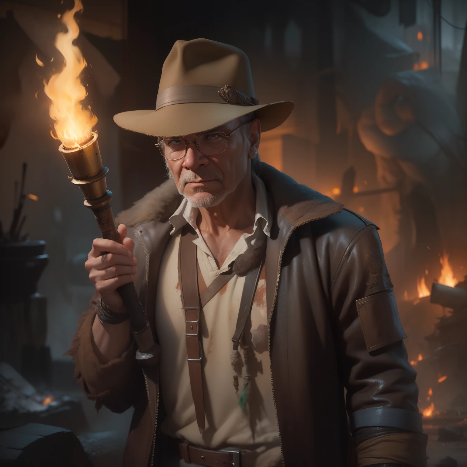 (extremely detailed CG unity 8k wallpaper), full shot body photo of the most beautiful artwork of  indiana jones holding a torch, torn jacket, nostalgia professional majestic oil painting by Ed Blinkey, Atey Ghailan, Studio Ghibli, by Jeremy Mann, Greg Manchess, Antonio Moro, trending on ArtStation, trending on CGSociety, Intricate, High Detail, Sharp focus, dramatic, photorealistic painting art by midjourney and greg rutkowski