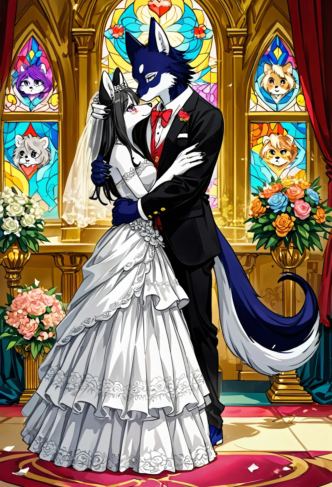 Top quality, ultra-fine illustrations(associations, colorful stained glass with shimmering light, kaleidoscope, wedding aisles lined with jewel-like lamps)(very detailed and beautiful faces, very detailed and beautiful eyes, eyes with lively brilliance)absurdres, perfect anatomy(angelic cute 1girl, kemono, angelic handsome 1boy, couple)(happy wedding, husband in tuxedo, beastman wife in wedding dress, husband hugging wife's shoulders, Two people staring at each other and smiling, wedding photo, bouquet of beautiful flowers, shining wedding ring on ring finger)(furry anthro:1.7)(furry body, animal face features, animal body features)(very detailed fur)full body, smile, kiss (dynamic pose),