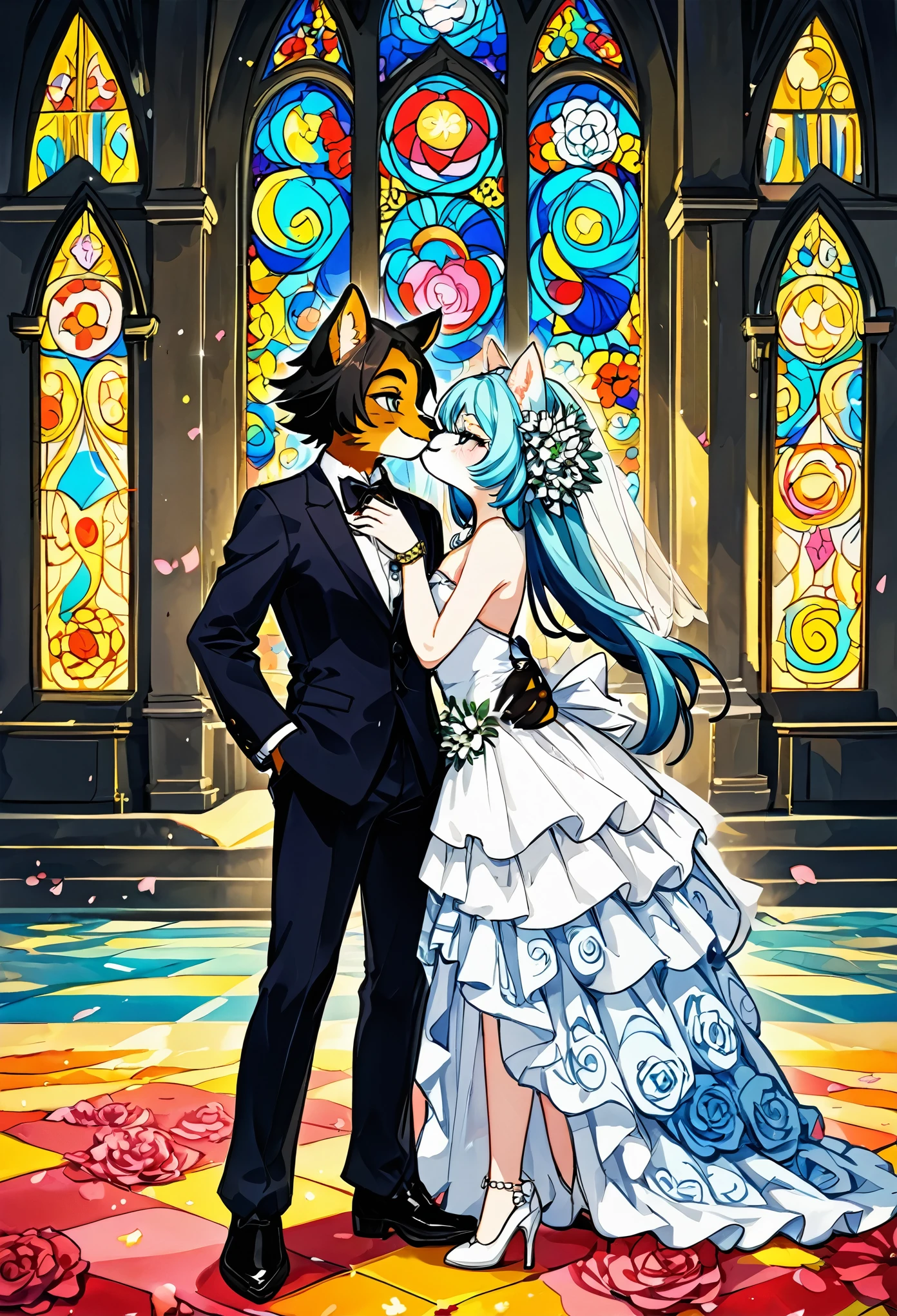 Top quality, ultra-fine illustrations(associations, colorful stained glass with shimmering light, kaleidoscope, wedding aisles lined with jewel-like lamps)(very detailed and beautiful faces, very detailed and beautiful eyes, eyes with lively brilliance)absurdres, perfect anatomy(angelic cute 1girl, kemono, angelic handsome 1boy, couple)(happy wedding, husband in tuxedo, beastman wife in wedding dress, husband hugging wife's shoulders, Two people staring at each other and smiling, wedding photo, bouquet of beautiful flowers, shining wedding ring on ring finger)(furry anthro:1.7)(furry body, animal face features, animal body features)(very detailed fur)full body, smile, kiss (dynamic pose),