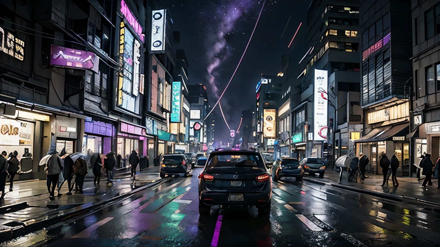 (best quality,4k,8k,highres,masterpiece:1.2),ultra-detailed,(realistic,photorealistic,photo-realistic:1.37),cyberpunk city,neon lights,violet-black skies,bright core at the heart of the city,big banners with pictures of bounty hunters,villas in the sky,drone view,wet streets,high-tech architecture,hovering vehicles,densely populated,city skyline reflecting off the water,reflections on the rain-soaked streets,glowing holograms,smoky alleys,glitching digital billboards,blinking advertisements,futuristic skyscrapers,Interconnected highways,hovering drones,flying cars,neon-lit skyscrapers,chrome-plated buildings,buzzing energy,gritty urban vibes,sleek and modern designs,steam rising from the sewers,dark alleyways,glowing signs,nighttime hustle and bustle,electric atmosphere,urban decay,pulsating energy,technological advancements,canopy of stars and neon lights,streets bathed in eerie purple glow,light trails from passing vehicles,dynamic perspectives,moonlight breaking through the clouds,reflection of lights on wet surfaces,buzzing and humming of futuristic machinery