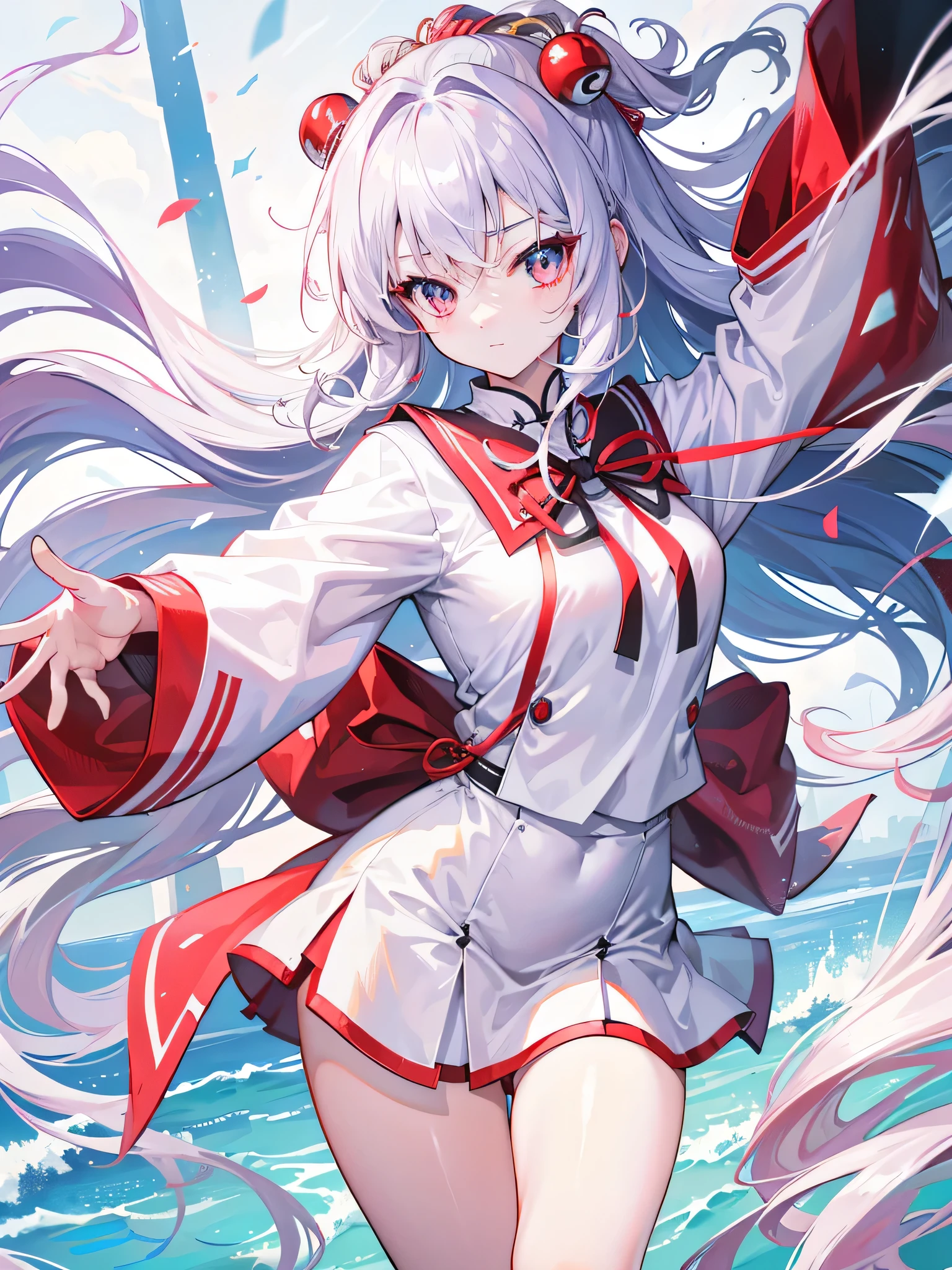 （CG Unity 8K wallpaper with the best picture quality and ultra-detail、tmasterpiece），Floating、A high resolution、dynamic angle、Dynamic pose、A young girl、Silvery hair（1.3）、red color eyeorbidly cute、Japanese Student Uniform