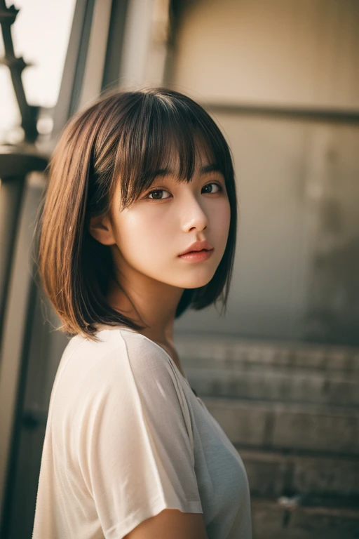 (masterpiece:1.3), (8k, Realistic, Raw photo, highest quality: 1.4), Soft Light, Professional Lighting, One girl, Very beautiful girl, Pure beauty, Mouth closed, Severe, Brown short hair, bangs、Concrete walls and floors、Transcendental Silence、Depth of written boundary、Absurd、Hmph、Ultra-detailed illustrations、Highly detailed face、Raw photo、Film Grain、deviantart Trends