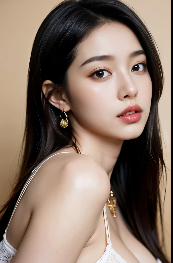 (masterpiece:1.3), (8 thousand, realistic, RAW photos, best quality: 1.4), (1 woman),(very sexy), (Beautiful makeover), (유난히 아름다운 realistic 얼굴), (Build a beautiful body) , (beautiful face), (beautiful face),  (long eyelashes),  (double eyelid), (realistic face), (black hair. parted, long hair:1.3), (아름다운 parted스타일), (realistic eyes), (really beautiful and delicate eyes), (beautiful and big breasts),(realistic skin), (beautiful skin), (absurd), (attractive), (ultra high resolution), (extremely realistic), (very detailed), (golden ratio),   (necklace),  (earring), (So beautiful and sexy)