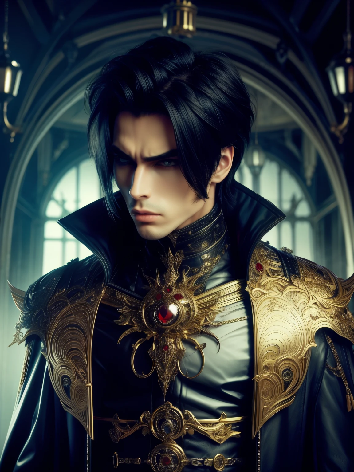 (high quality), (masterpiece), (detailed), 8K, Hyper-realistic illustration depicts (Japanese boy1.3) with piercing eyes, dressed in (vampire attire1.2) adorned with intricate (gold accents1.2) and (blood-red trim1.2), showcasing (sharp facial features1.3) and ( porcelain-like skin1.2) in a stunning upper body portrait, in the style of Yoshitaka Amano, trending on Artstation.