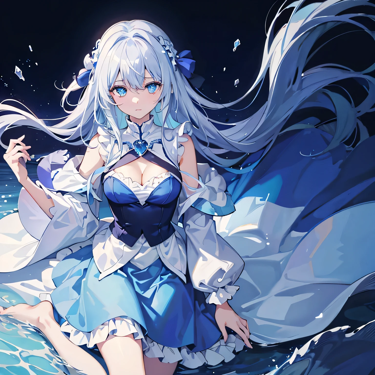 tmasterpiece，Best quality，one-girl，Alone，icey，blue skirts，A princess，nobles，apathy，There was a hint of sadness in his eyes，Rich cleavage，The barefoot，Blue-white gradient hair，Float on snow-covered water，diadems