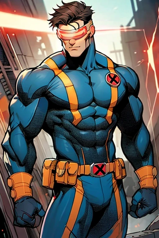 male, (black underwear:1), black bodysuit, Cyclops, x-men, touching his red visor, laser visor, (masterpierce:1.2), super heroes, standing, mansion, upper body shot