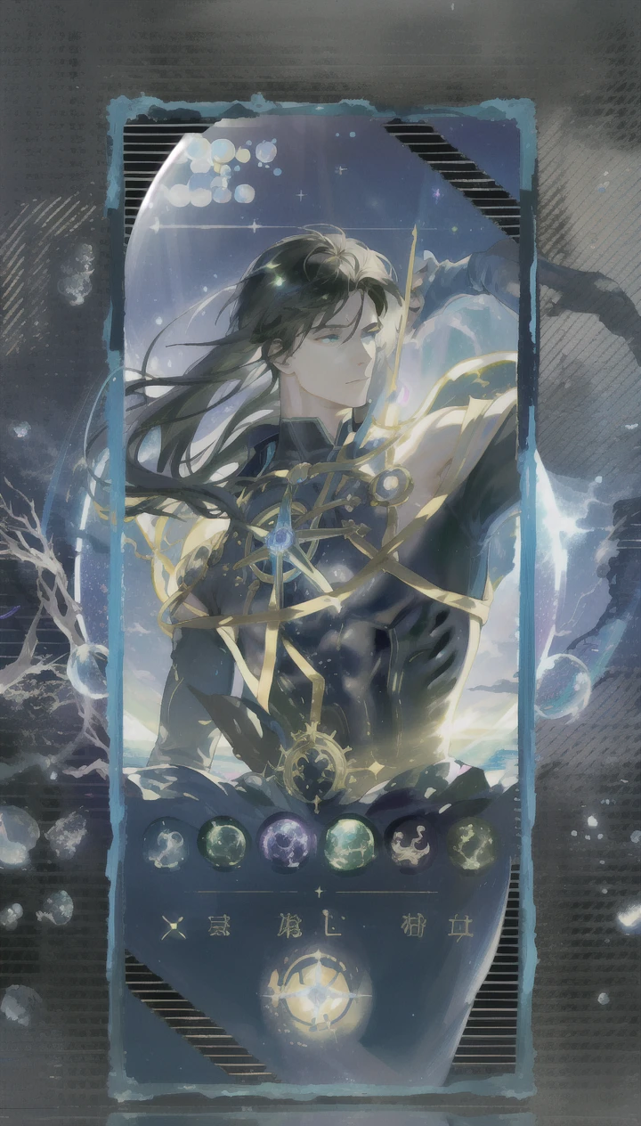masterpiece, best quality, 1 male, adult, mature, tall muscular guy, Dark theme, Magic circle, bubble, rainbow Sunlight, Underwater, Reflected mirror, floating piece of Glass, Rainbow light, Bubble Swirling, wind Swirling, Aurora, fantasy scenery, Starlight around the character, (upper body)
