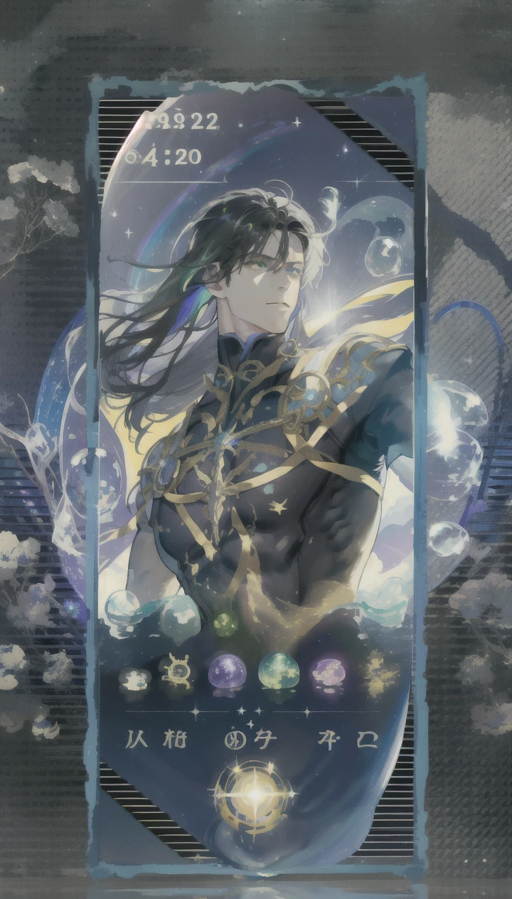 masterpiece, best quality, 1 male, adult, mature, tall muscular guy, Dark theme, Magic circle, bubble, rainbow Sunlight, Underwater, Reflected mirror, floating piece of Glass, Rainbow light, Bubble Swirling, wind Swirling, Aurora, fantasy scenery, Starlight around the character, (upper body)