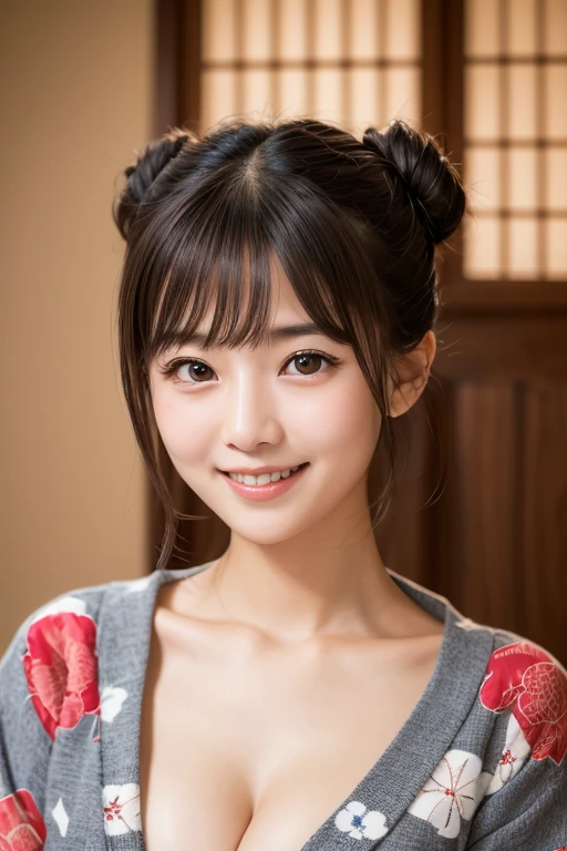 masterpiece, highest quality, (Beautiful woman:1.3), (24-years-old:1.3), Very fine grain definition, (Symmetrical eyes:1.3), (Upper Body:1.2), (Hemp leaf pattern yukata:1.3), Brown eyes, Parted bangs, Brown Hair, Delicate girl, (Eye and facial details:1.0), (RAW Photos, Professional Lighting, Film Grain, chromatic aberration)、(cleavage、double bun、strap slip 、embarrassed、fingersmile:1.3)、On the futon in a Japanese inn、Beautiful clavicle、High angle
