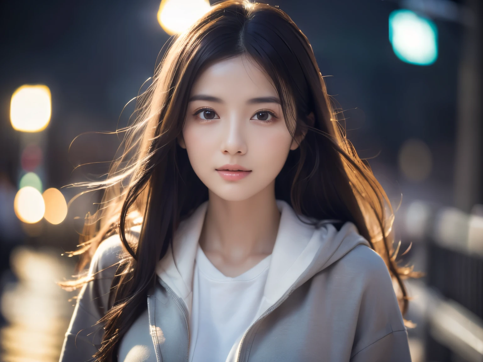 A breeze blows long hair、(hoodie)、(top-quality,​masterpiece:1.3, Super high resolution), (ultra-detailliert,Caustics),(Photorealsitic:1.4,RAW shooting,)Ultra-realistic capture, A highly detailed, high-definition 16K for human skin、 Skin texture is natural、The skin looks healthy with an even tone、 Use natural light and color, One Woman, Japanese, kawaii, A dark-haired, Middle hair, (depth of fields、chromatic abberation、Wide range of lighting、Natural Shading)、(Hair swaying in the wind:1.2)、hard rainy night