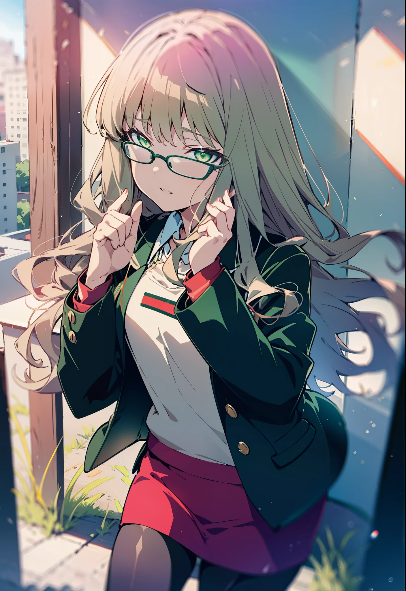 minami yume ,sss Dynazenon ,Long Hair, Brown Hair, (Green Eyes:1.5) ,Mid-chest,hair band,happy smile, smile, Open your mouth,OL, Black-rimmed glasses, end, Black suit jacket, Collared jacket, White dress shirt, Collared shirt, Neckline, button,  Black pencil skirt, Black Pantyhose,Stiletto heels,morning,morning陽,The sun is rising,As if your whole body is in the illustration,
break looking at viewer, (Cowboy Shot:1. 5)
break outdoors, city,construction area,
break (masterpiece:1.2), highest quality, High resolution, unity 8k wallpaper, (shape:0.8), (Fine and beautiful eyes:1.6), Highly detailed face, Perfect lighting, Highly detailed CG, (Perfect hands, Perfect Anatomy),