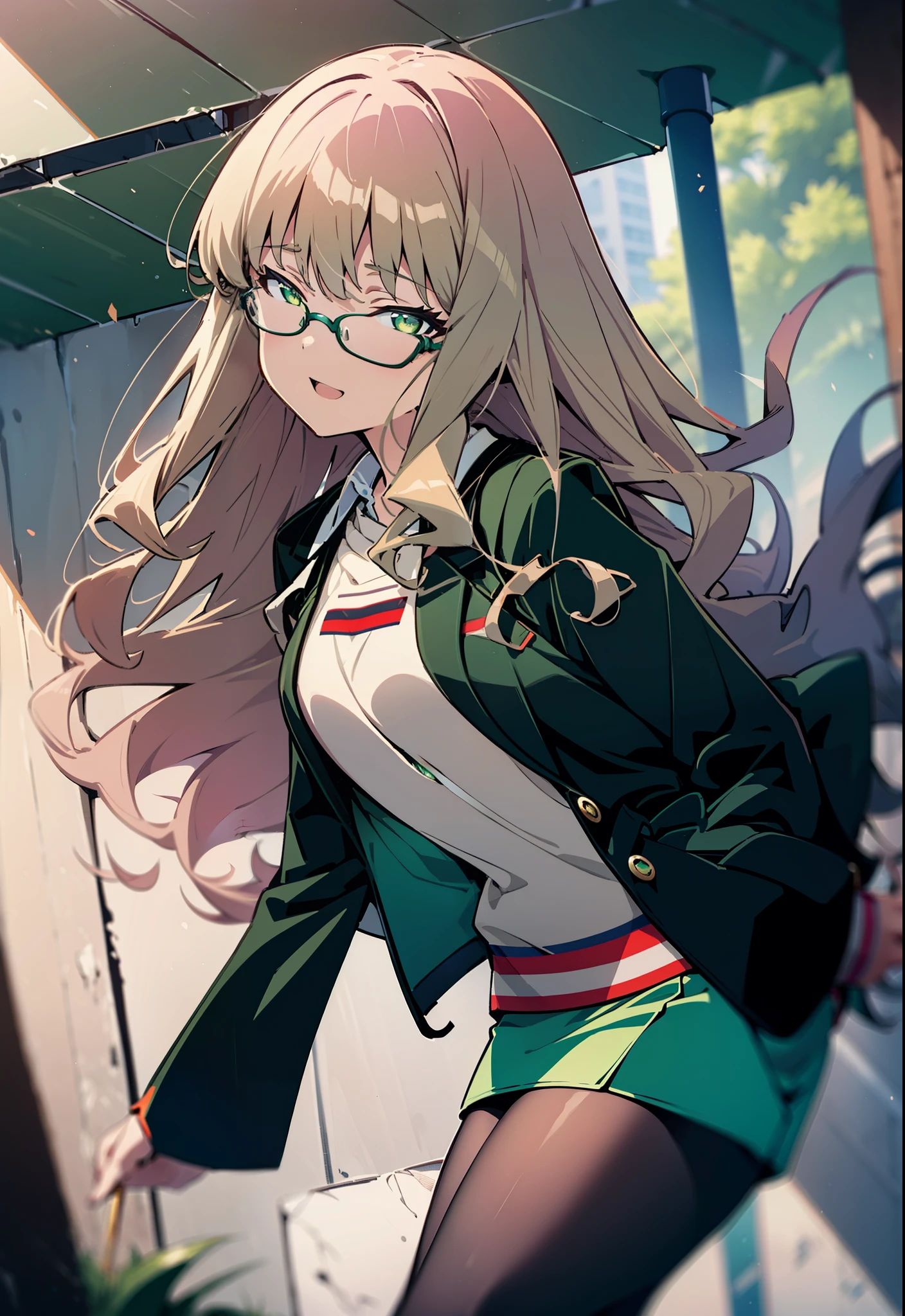 minami yume ,sss Dynazenon ,Long Hair, Brown Hair, (Green Eyes:1.5) ,Mid-chest,hair band,happy smile, smile, Open your mouth,OL, Black-rimmed glasses, end, Black suit jacket, Collared jacket, White dress shirt, Collared shirt, Neckline, button,  Black pencil skirt, Black Pantyhose,Stiletto heels,morning,morning陽,The sun is rising,As if your whole body is in the illustration,
break looking at viewer, (Cowboy Shot:1. 5)
break outdoors, city,construction area,
break (masterpiece:1.2), highest quality, High resolution, unity 8k wallpaper, (shape:0.8), (Fine and beautiful eyes:1.6), Highly detailed face, Perfect lighting, Highly detailed CG, (Perfect hands, Perfect Anatomy),