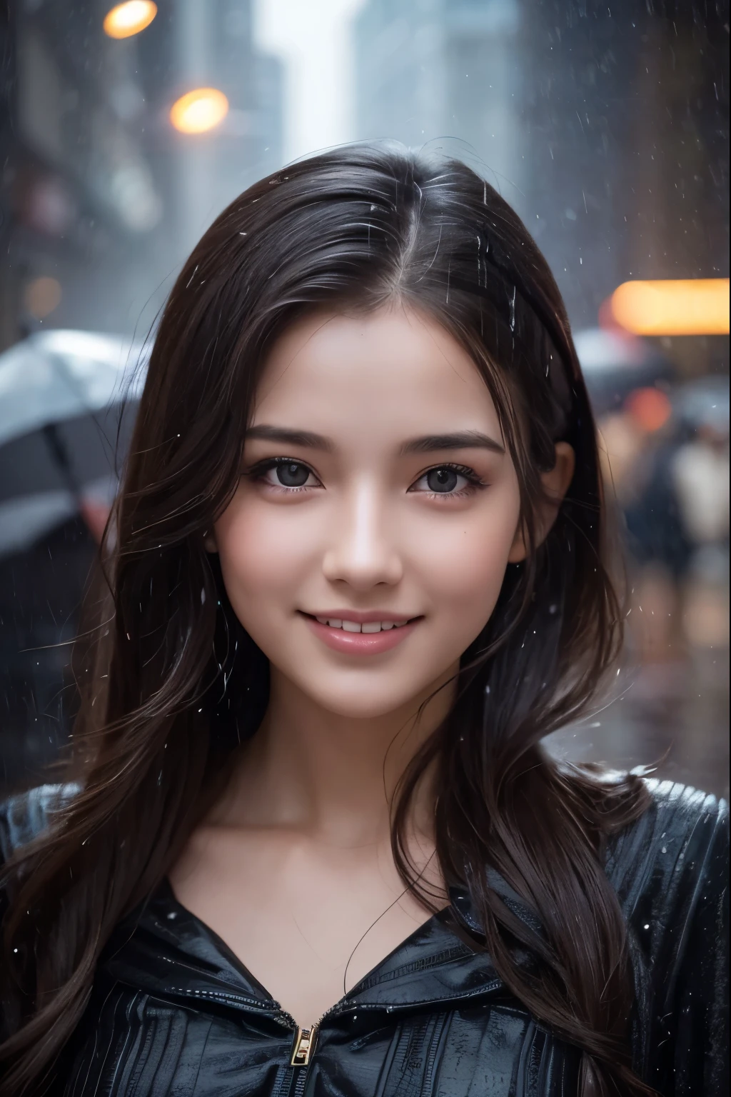 Smiling girl standing in the middle of a crowded street in the pouring rain, detailed face, beautiful eyes and lips, super detailed pupils, realistic skin, elegant dress, raindrops, city buildings, atmospheric lighting , cinematic, 8K, highly detailed, photorealistic, vibrant colors,