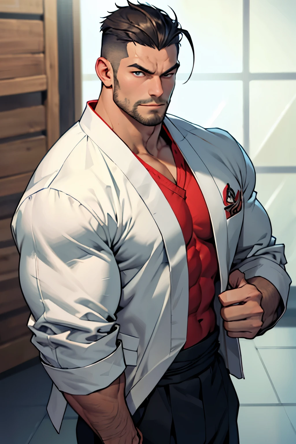 High-resolution, Realistic Masterpiece: 1.2
Martial Arts Fighter, Real Good, Close-up View, 1 Male
Detailed Body: Muscular, Defined Abs, Hyper Detailed Muscles
Ultra-Detailed Face: Protruding Jawline, Thick Stubble, Intense Eyes with Focused Gaze
Hyperdetailed Facial Expressions: Soft Smile Fading into a Determined Frown
Detailed Costume: Traditional Martial Arts Uniform, Open Jacket Showcasing Hyper Pecs
All-Over Hair: Short, Slicked Back, Neatly Trimmed
Full-Body