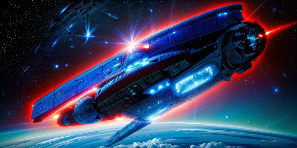 master piece, 8k detail, spaceship flying over the earth in space with a blue background, red sunlight is from upper left, stars blinking, space ship in dusk silhouette, led lights blinking, space ship in space, detailed space ship, an epic space ship scene, detailed spaceship, homeworld style, spaceship design, science fiction spacecraft, blue planet with white clouds and green sea.