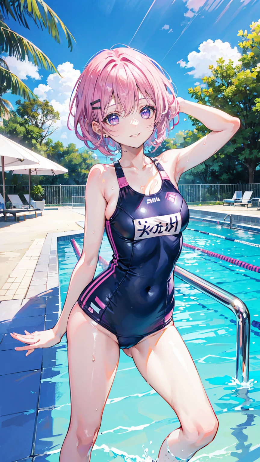 Pink Hair,Purple Eyes,short hair,Little sister head,Black hairpin,girl,Lovely,Smiling expression,Happy and happy expression,Navy blue swimsuit,whole body,Standing in the pool,Don't show your arms,The background is a swimming pool,Blue sky and white clouds