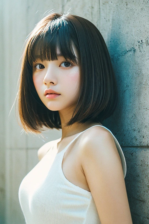 One girl, White top、Pure beauty, Brown short hair, bangs、Concrete walls and floors、Transcendental Silence、Depth of written boundary、Absurd、Hmph、Ultra-detailed illustrations、Highly detailed face、Raw photo、Film Grain、deviantart Trends