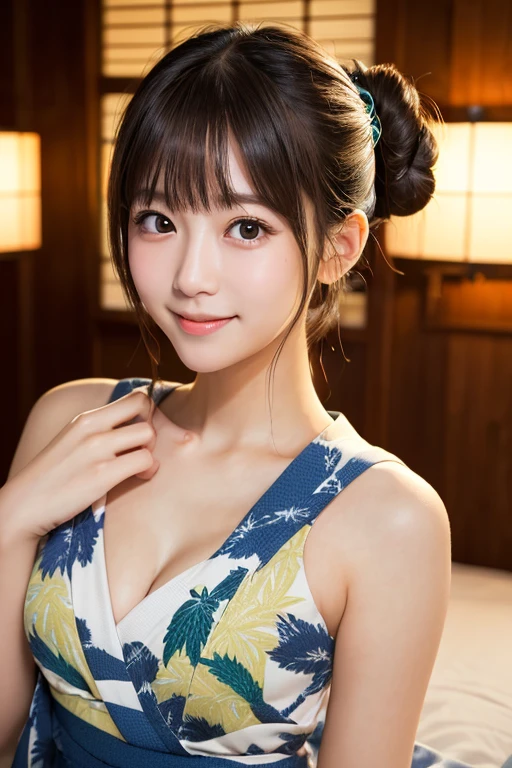 masterpiece, highest quality, (Beautiful woman:1.3), (24-years-old:1.3), Very fine grain definition, (Symmetrical eyes:1.3), (Upper Body:1.2),  (Hemp leaf pattern yukata:1.3), Brown eyes, Parted bangs, Brown Hair, Delicate girl, (Eye and facial details:1.0), (RAW Photos, Professional Lighting, Film Grain, chromatic aberration)、(cleavage、double bun、strap slip 、embarrassed、sad smile)、On the futon in a Japanese inn、Beautiful clavicle、Selfie with hands up