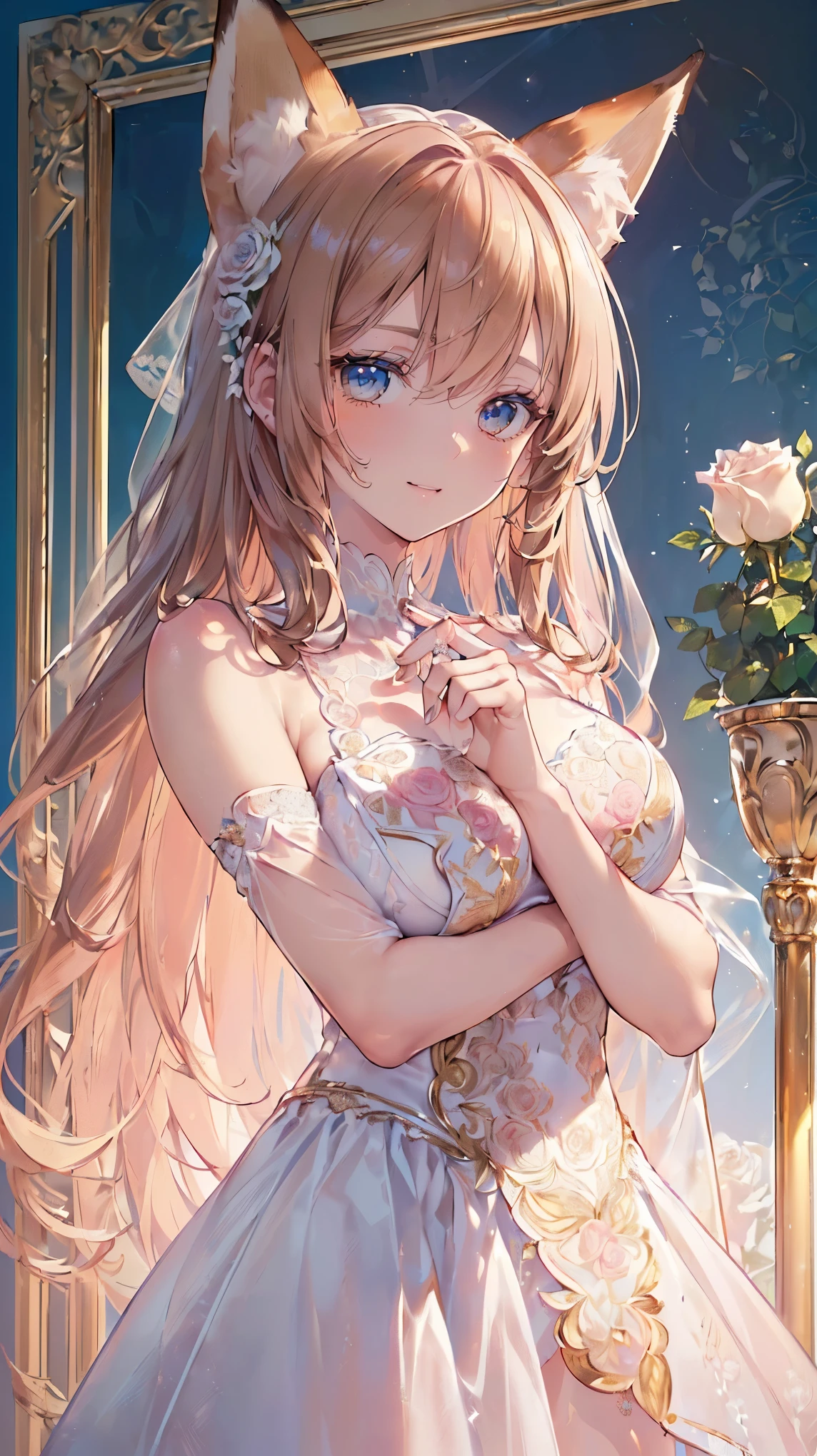 (((Masterpiece))), (((Highest quality))), ((Ultra-detailed)), ((Super fine illustration)), ((Ultra-fine painting)), (16K highest quality wallpaper:1.4), (Upper body:1.4), (Highly detailed and delicate illustration style:1.8), Detailed skin texture, Detailed cloth texture, Detailed rose flower texture, Extreme detailed description, (T-masterpiece), (Highly detailed face:1.4), (Highly detailed fox ears:1.2), (Highly detailed golden brown hair:1.2), (Highly detailed, beautiful and clear eyes:1.2), Original, RAW photo, Professional, Intricate details, Super details, Direct light:1.6, (Perfect anatomy:1.4), (Highly detailed hands:1.2), (Highly detailed fingers:1.2), (Highly detailed fingertips:1.2), (27-years-old), Real, (Solo:1.6), ((A very beautiful and attractive fox female fashion model:1.4))
BRAKE
(Beautiful and adorable fox ears:1.6), (Highly detailed and delicate fox ears:1.4), (Beautiful and well-shaped big breasts:1.2), (Beautiful and well-shaped buttocks), (Beautiful and shiny golden brown hair:1.6), (Highly detailed and delicate golden brown hair:1.4), (Beautiful clear blue eyes that shine with great detail:1.6), (Highly detailed and delicate blue eyes:1.2), (Highly detailed face:1.4), (Smile:1.4), (Looking at viewer:1.4), (Standing:1.4), (Celebration:1.4)
BRAKE
((A beautiful and gorgeous princess dress that is detailed and delicate to be worn at celebratory occasions:1.4))
BRAKE
((Holding in both hands a large bouquet of highly detailed and delicate ((white and pink roses)):1.3))
BRAKE
(Just after noon:1.4), (Celebration:1.4), ((Highly detailed and delicate white rose flower and pink rose flower garden background:1.4)), (Highly detailed and delicate royal palace courtyard background in just after noon in spring:1.4) BRAKE
