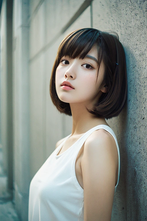 One girl, White top、Pure beauty, Brown short hair, bangs、Concrete walls and floors、Transcendental Silence、Depth of written boundary、Absurd、Hmph、Ultra-detailed illustrations、Highly detailed face、Raw photo、Film Grain、deviantart Trends