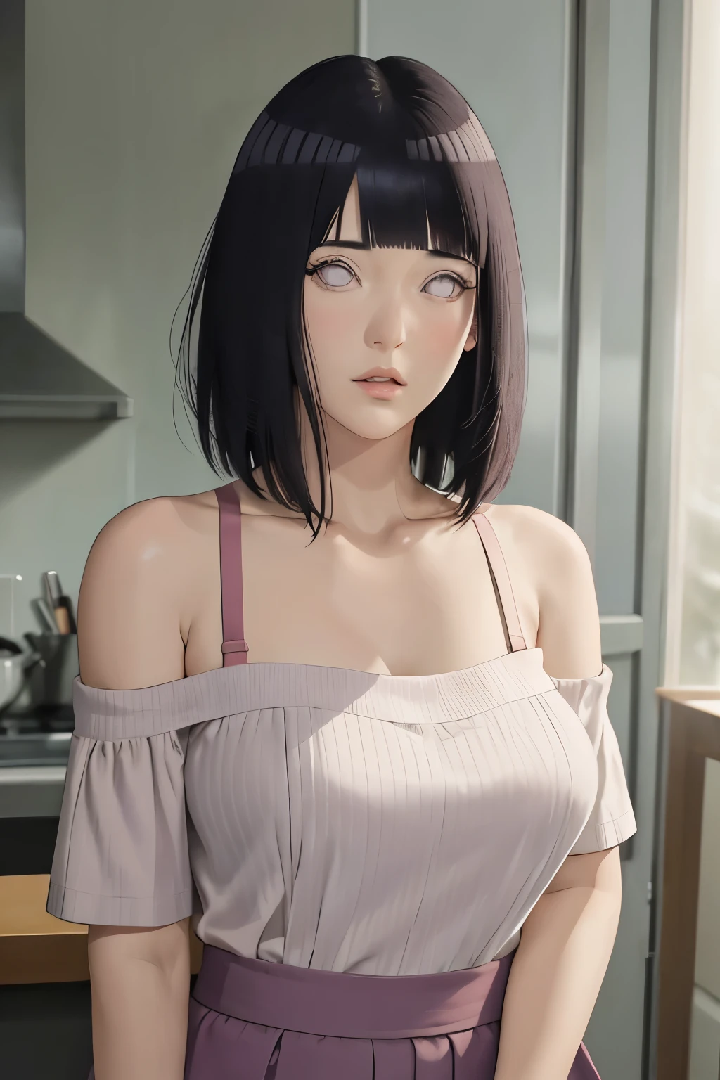 masterpiece, absurdres, hinata\(boruto\), 1girl, solo,mature female, off-shoulder strap bra, high waist short skirt, looking at viewer, perfect composition, detailed lips, big breast, beautiful face, body propotion, blush, (pink lips), long hair,  purple eyes,  soft gaze,  super realistic, detailed, photoshoot, realistic face and body, 