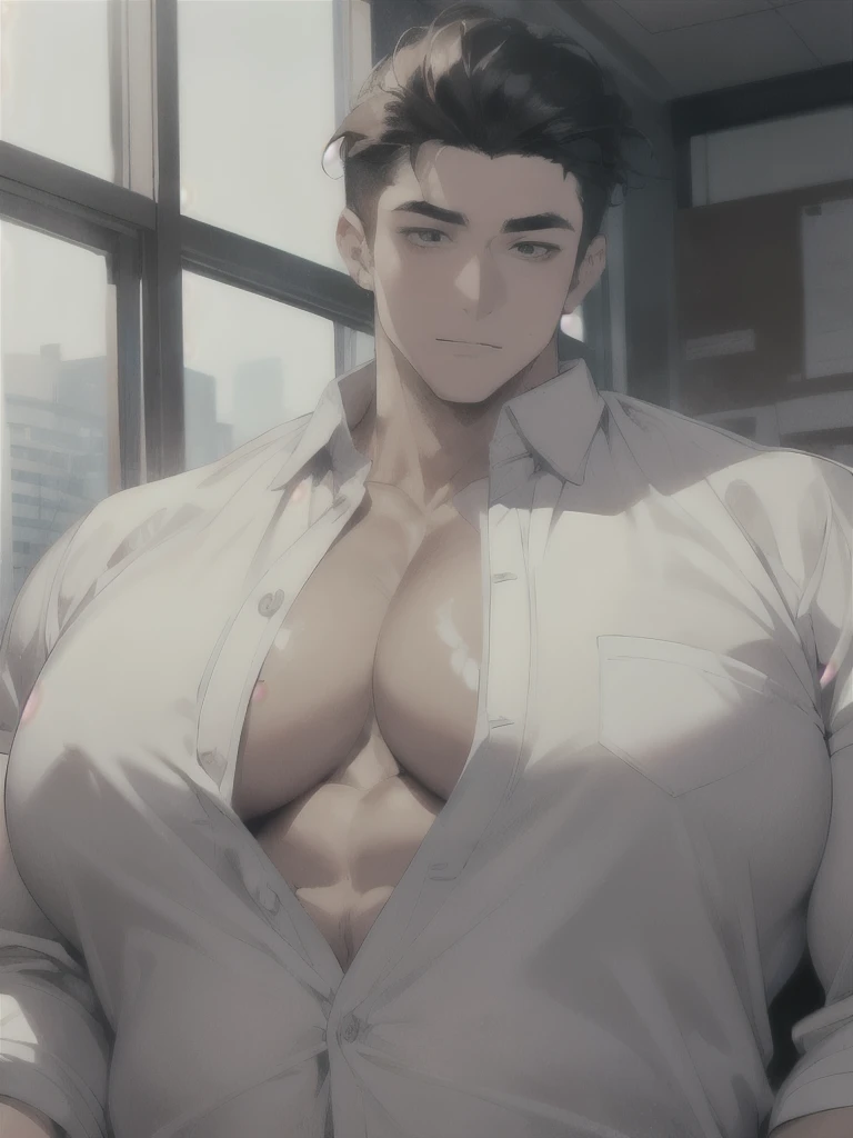 One boy, Face Focus, Adult, sexy, highest quality, employment, Detailed face, office, Building seen from the window, Detailed Background, Diffused sunlight, Written boundary depth, Bokeh、(Super huge pectoral muscles、Fluffy milk flowing down、Very cramped clothes、Very saggy breasts、Huge and very heavy pectoral muscles:1.5)、hentai、BL、Boys Love、Muchimuchi、Blue Y-shirt、Salaryman、Attractive face、A man with a cute expression、plump, Sensual lips、Sensual look、Korean Man、The shirt is buttoned、tie、Hairstyles that expose the forehead、Big eyes、Inverted triangle face