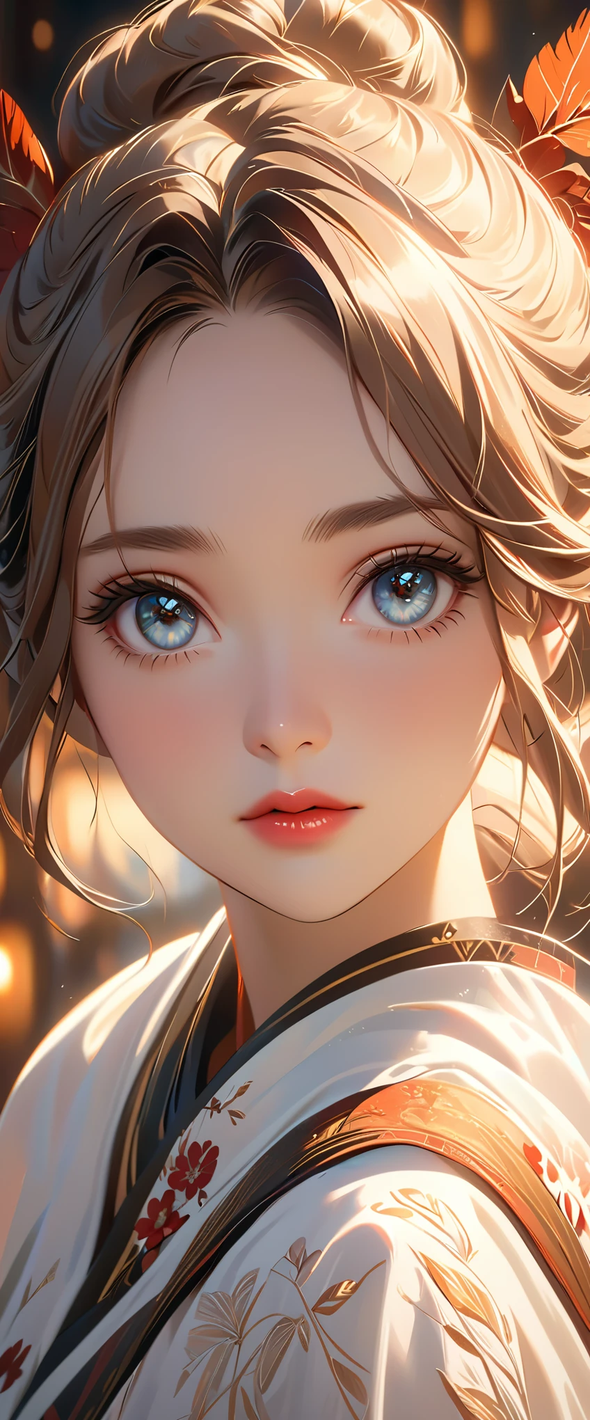 1 girl, elegant, portrait photography, exquisitely detailed face, beautifully detailed eyes, beautifully detailed lips, extremely detailed eyes and face, long eyelashes, delicate skin, serene expression, soft lighting, warm color tones, intricate details, photorealistic, 8k, best quality, masterpiece, high-resolution, ultra-detailed, cinematic lighting, dramatic atmosphere