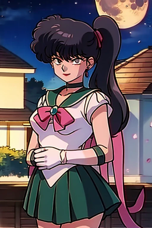masterpiece, highest quality, High resolution, Absurd, Very detailed, Fine grain,
kodachi kuno, side tail, tiara, jewelry, Sailor Warrior Uniforms, Green sailor collar, choker, - Elbow hand pockets, White gloves, Pink Ribbon, brooch, White leotard, Green Skirt, Sanding arm for pleated skirts_Crossed, Cowboy Shot, night, Outdoor, moon, smile, city,