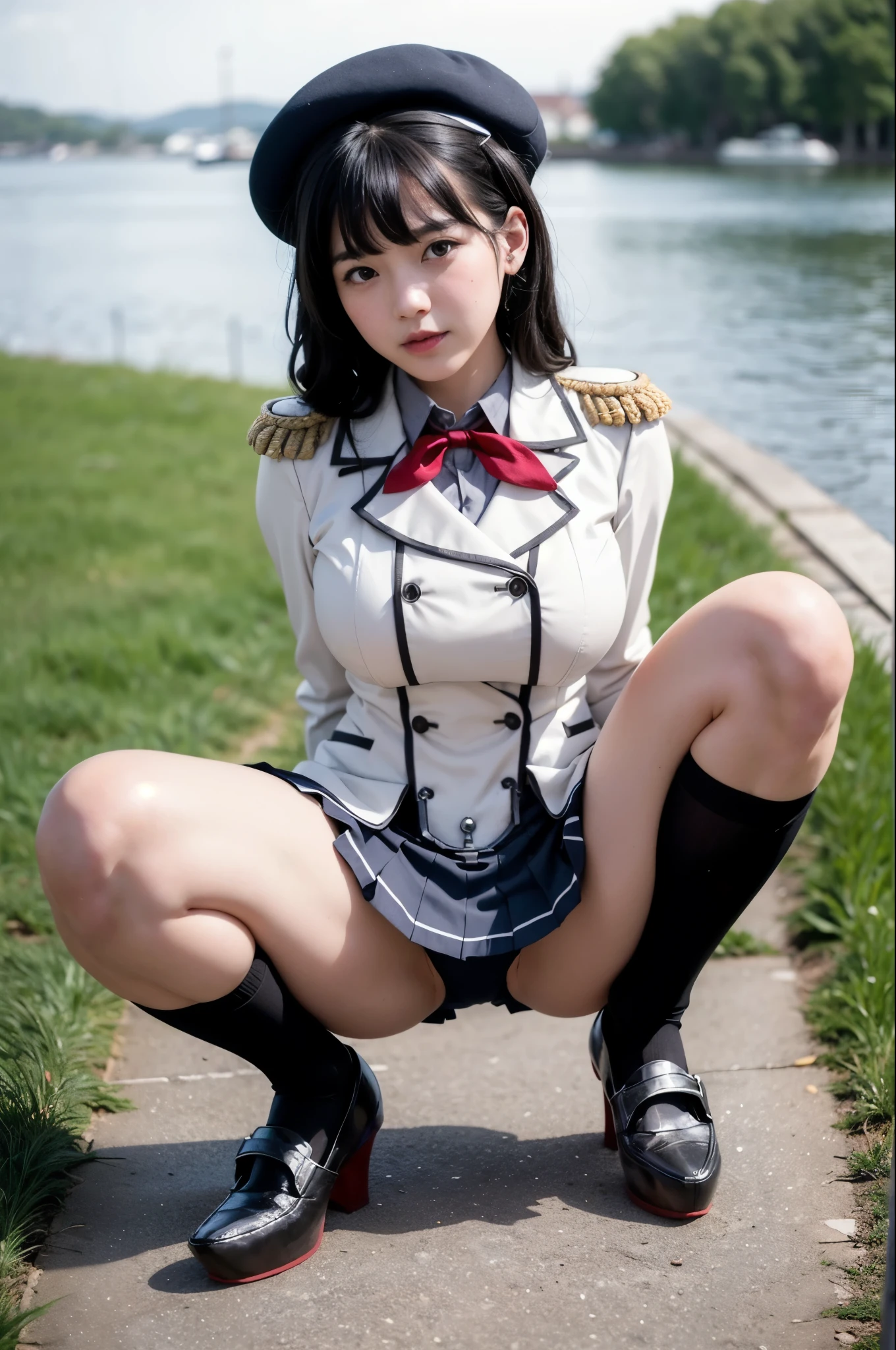 1girl, solo, black hair, (((Twin Curl))), large breasts,
kashicos, beret, white gloves, micro miniskirt, kneehighs, ((Squat)), crotch to the audience, ((Open your legs wide)), Below the knee, Black socks, Brown Loafers, Grass Park,
Low camera position, skirt hold,