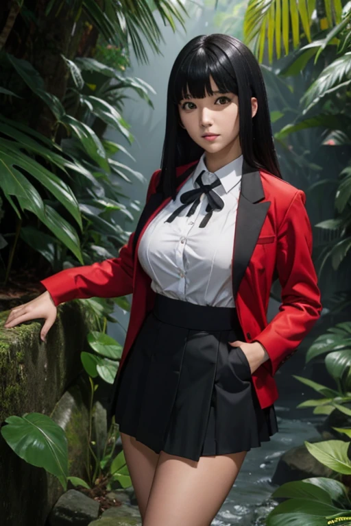 sit in tropical rainforest , steam , waistband of skirt is at the point above chest , Tight shirt , white Shirt , school girl , skirt under breasts , skirt is near breasts area , skirt is adjacent to the chest , jabami yumeko, black hair, long hair, blunt bangs , red jacket, shirt, black skirt , big breasts , pikkyyumeko pikkyyumeko, 1girl, solo, looking at viewer, black hair, bangs, blunt bangs, long hair, very long hair, hime cut, red eyes, glowing eyes, breasts, large breasts, , shirt, red jacket, jacket, white shirt, collared shirt, lips, blazer, black pantyhose, mary janes,  full body,